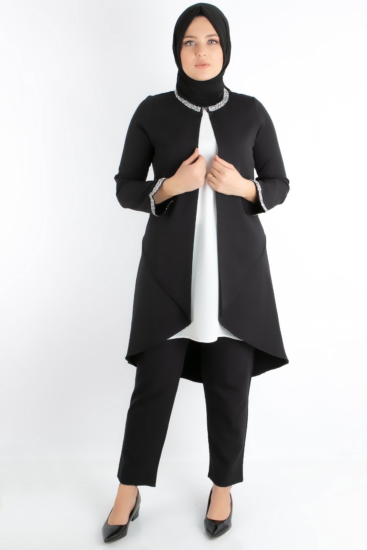 Jacket - Tunic - Trousers - 2 Piece Suits - Crepe - Unlined - Crew Neck - Black - FHM727FHM727-SİYAHFahima