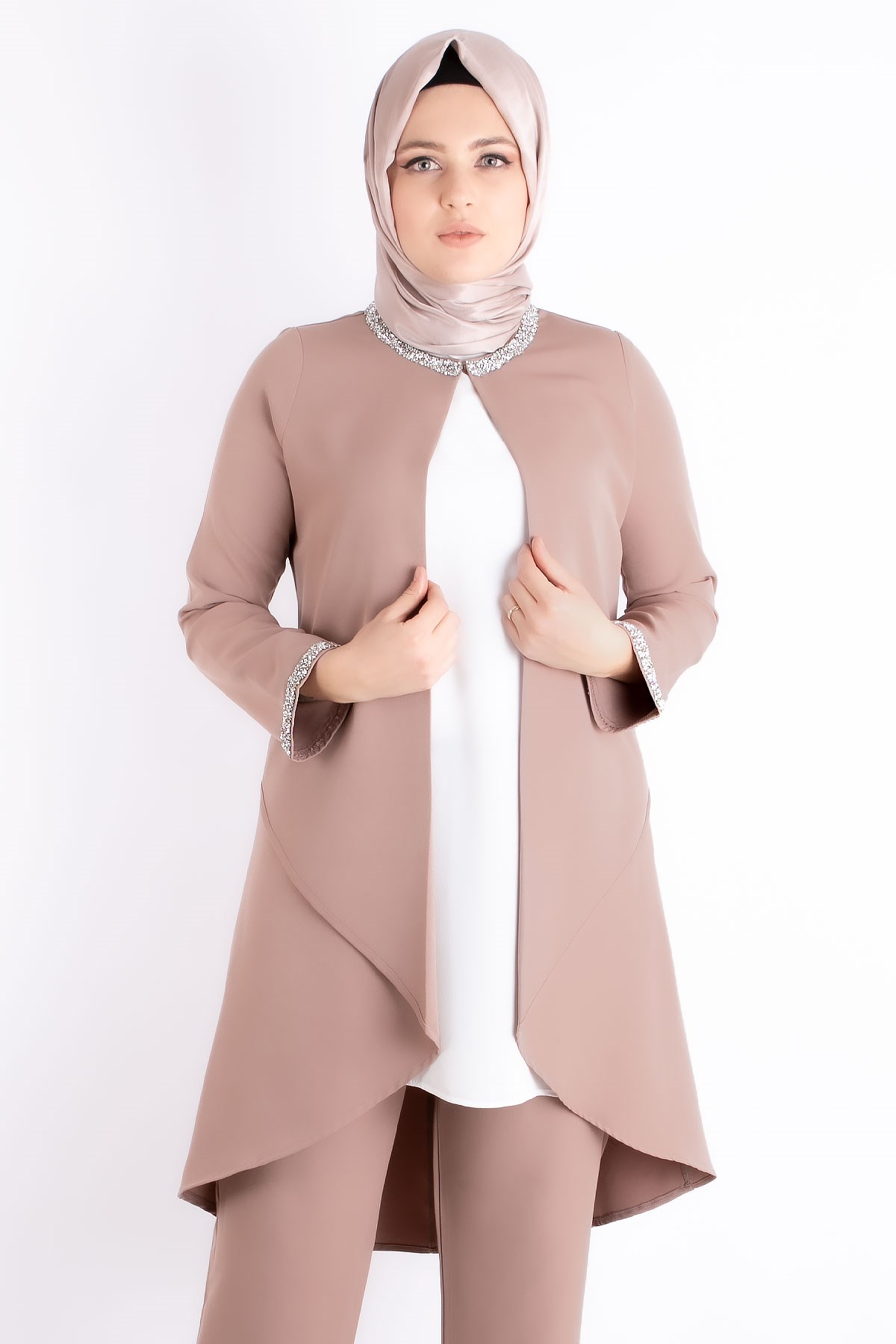 Jacket - Tunic - Trousers - 2 Piece Suits - Crepe - Unlined - Crew Neck - Mink - FHM727FHM727-VİZONFahima