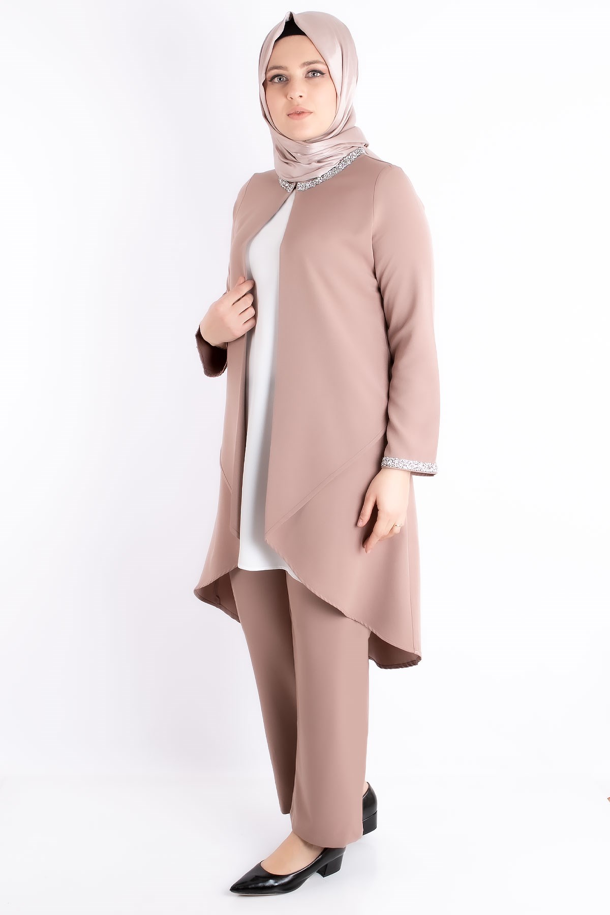 Jacket - Tunic - Trousers - 2 Piece Suits - Crepe - Unlined - Crew Neck - Mink - FHM727FHM727-VİZONFahima