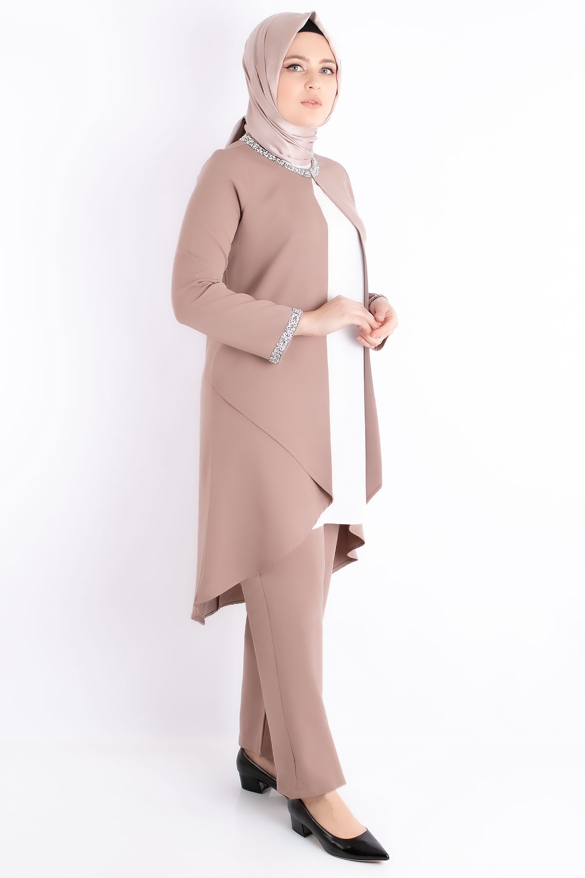 Jacket - Tunic - Trousers - 2 Piece Suits - Crepe - Unlined - Crew Neck - Mink - FHM727FHM727-VİZONFahima