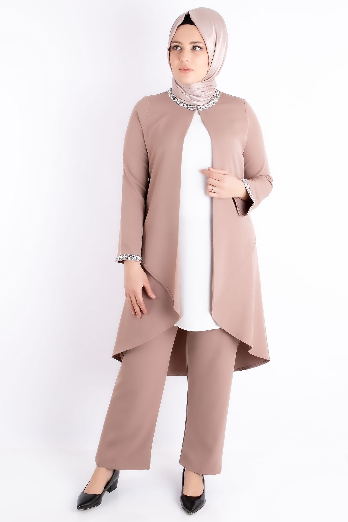 Jacket - Tunic - Trousers - 2 Piece Suits - Crepe - Unlined - Crew Neck - Mink - FHM727FHM727-VİZONFahima