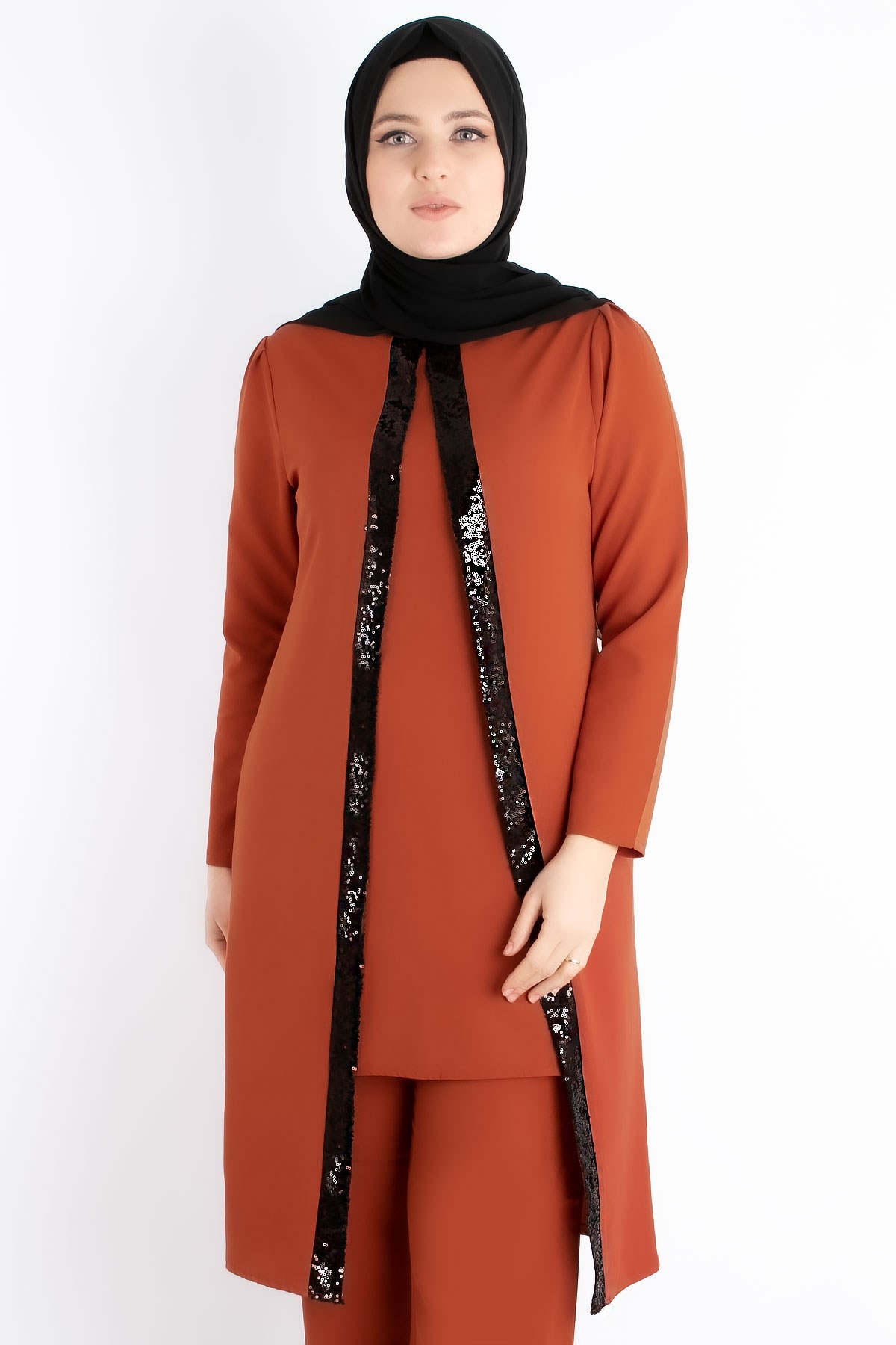 Tunic - Trousers - Crepe - Sequin Striped - Unlined - Crew Neck - Brick - FHM734FHM734-KİREMİTFahima