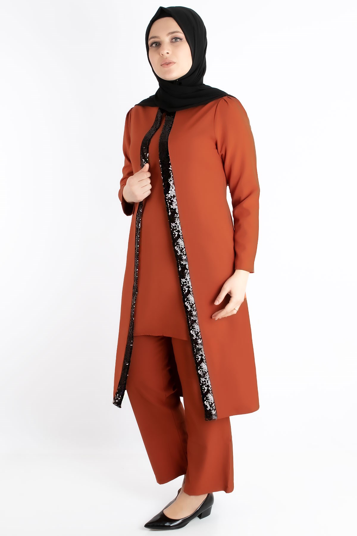 Tunic - Trousers - Crepe - Sequin Striped - Unlined - Crew Neck - Brick - FHM734FHM734-KİREMİTFahima