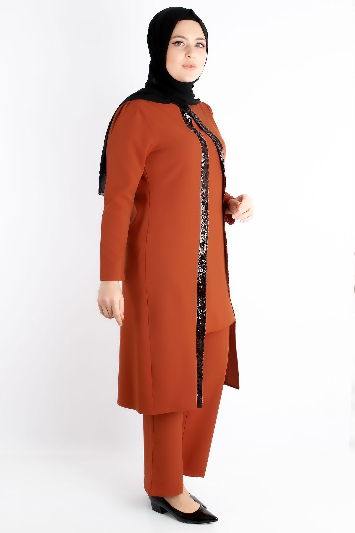 Tunic - Trousers - Crepe - Sequin Striped - Unlined - Crew Neck - Brick - FHM734FHM734-KİREMİTFahima