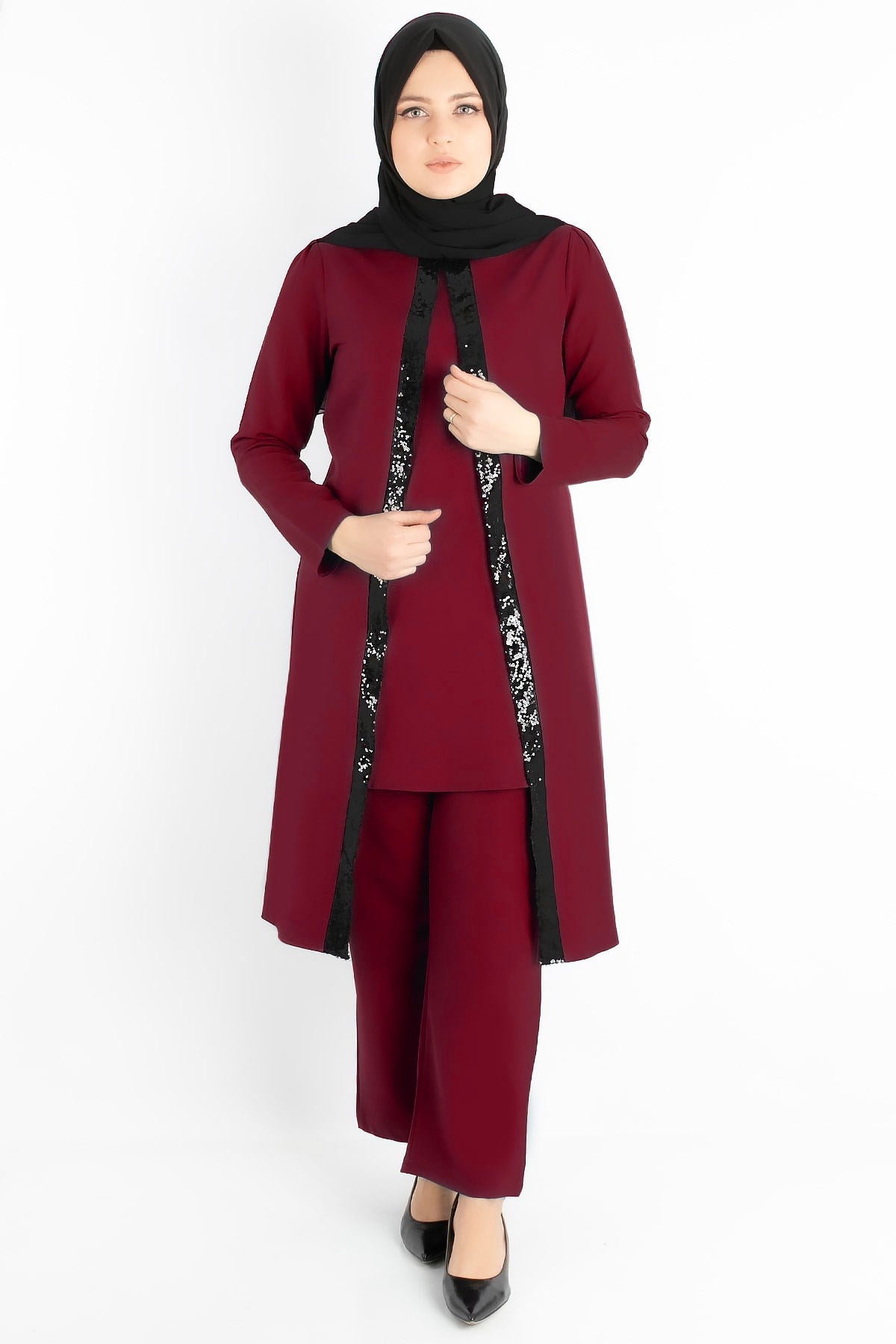 Tunic - Pants - Crepe - Sequin Striped - Unlined - Crew Neck - Plum - FHM734FHM734-MÜRDÜMFahima