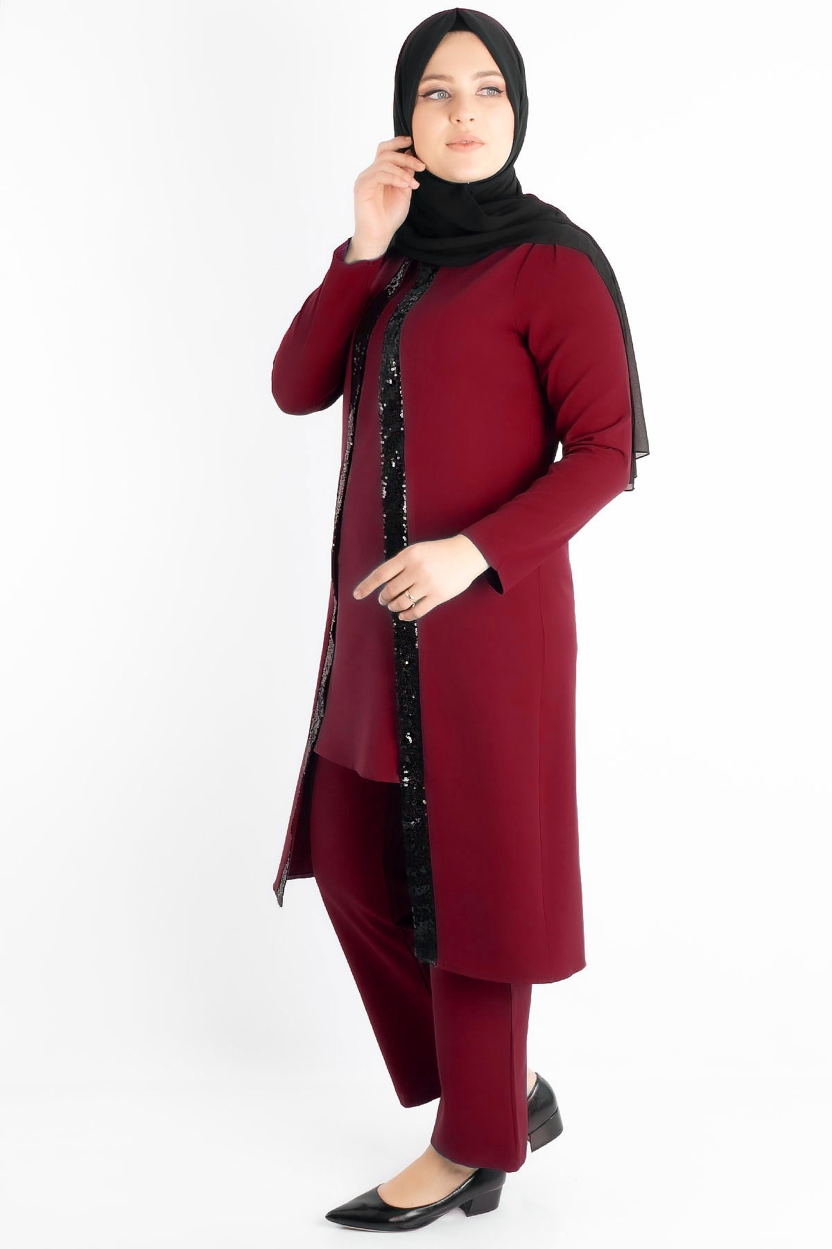 Tunic - Pants - Crepe - Sequin Striped - Unlined - Crew Neck - Plum - FHM734FHM734-MÜRDÜMFahima
