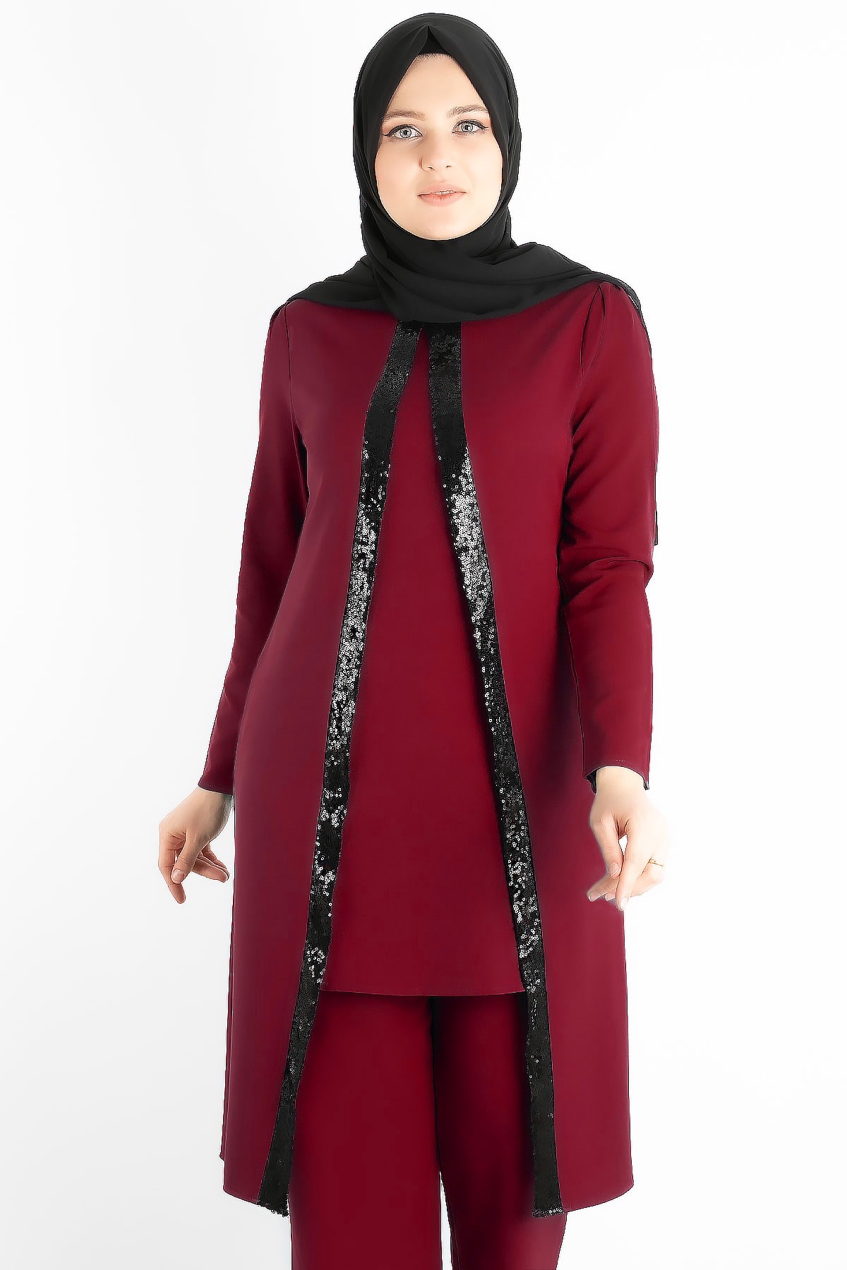 Tunic - Pants - Crepe - Sequin Striped - Unlined - Crew Neck - Plum - FHM734FHM734-MÜRDÜMFahima