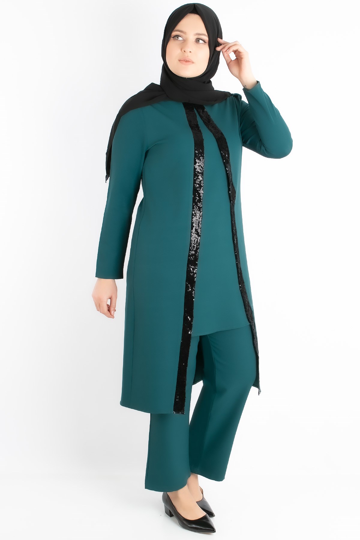 Tunic - Trousers - Crepe - Sequin Striped - Unlined - Crew Neck - Petrol - FHM734FHM734-PETROLFahima