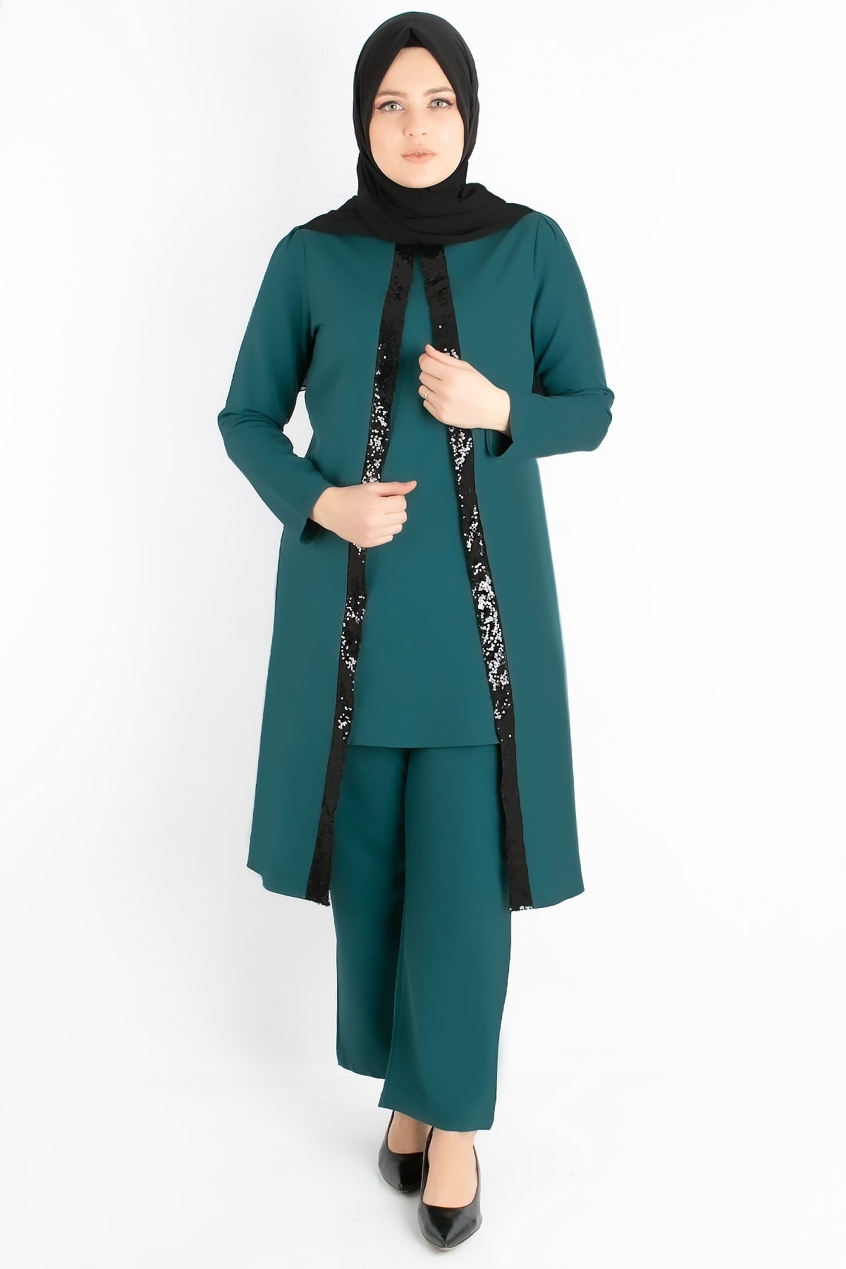 Tunic - Trousers - Crepe - Sequin Striped - Unlined - Crew Neck - Petrol - FHM734FHM734-PETROLFahima