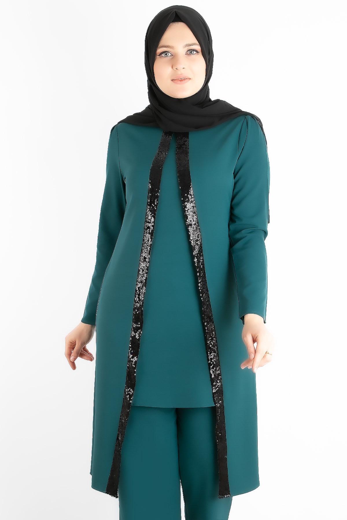 Tunic - Trousers - Crepe - Sequin Striped - Unlined - Crew Neck - Petrol - FHM734FHM734-PETROLFahima