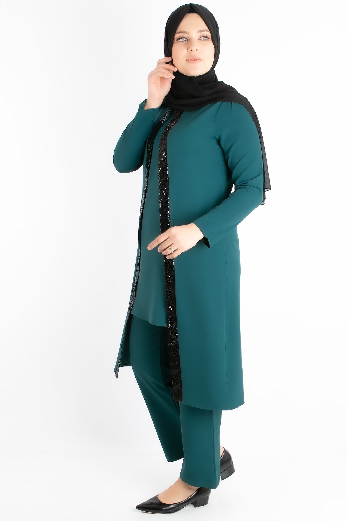 Tunic - Trousers - Crepe - Sequin Striped - Unlined - Crew Neck - Petrol - FHM734FHM734-PETROLFahima