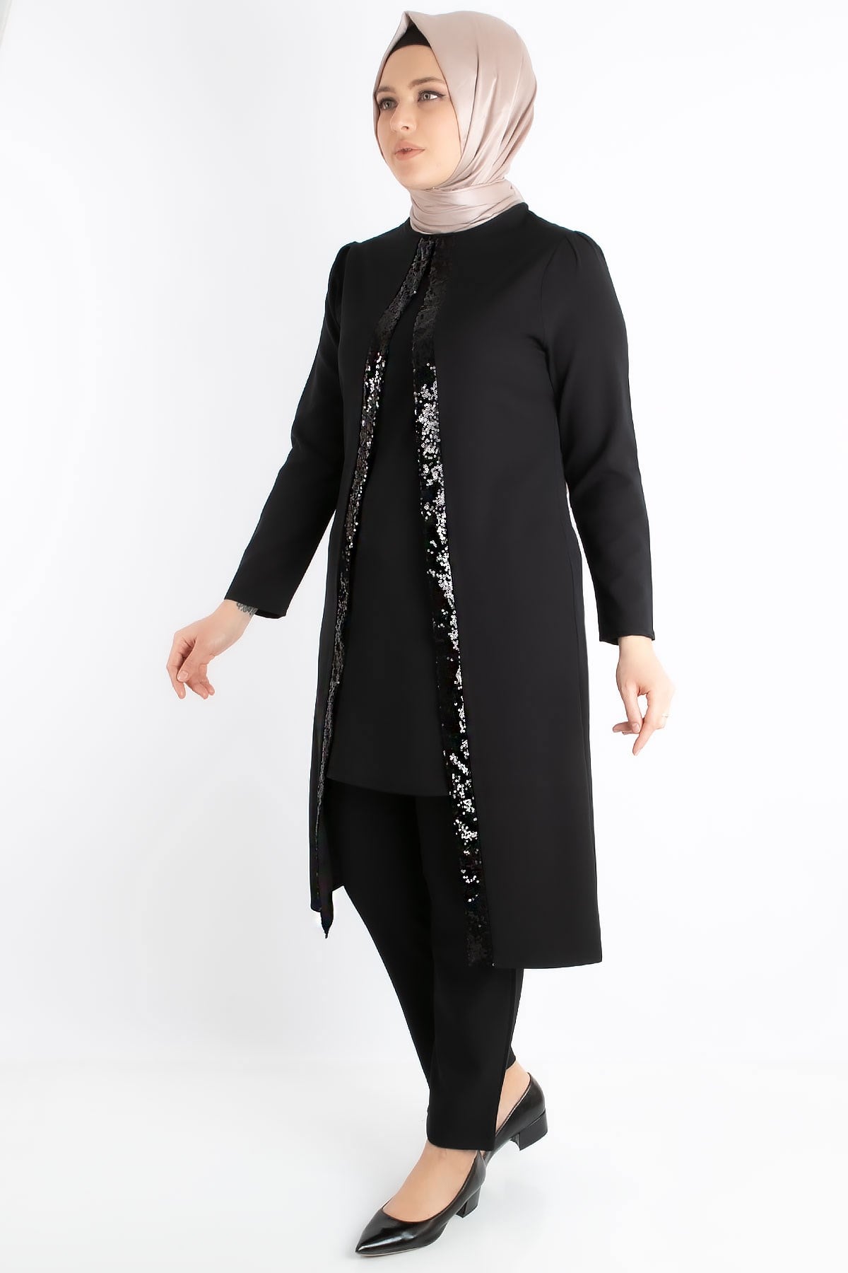 Tunic - Pants - Crepe - Sequin Striped - Unlined - Crew Neck - Black - FHM734FHM734-SİYAHFahima