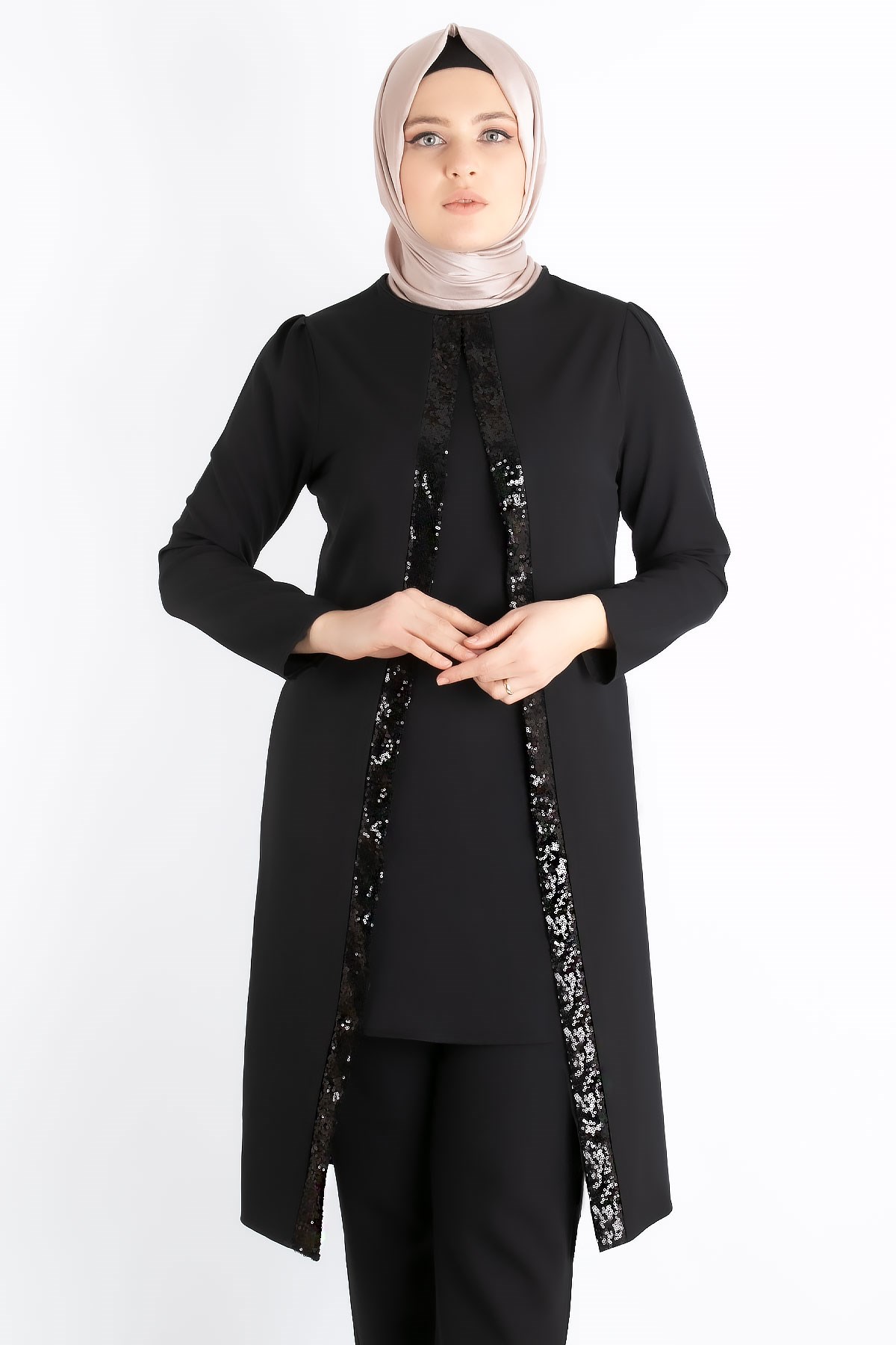 Tunic - Pants - Crepe - Sequin Striped - Unlined - Crew Neck - Black - FHM734FHM734-SİYAHFahima
