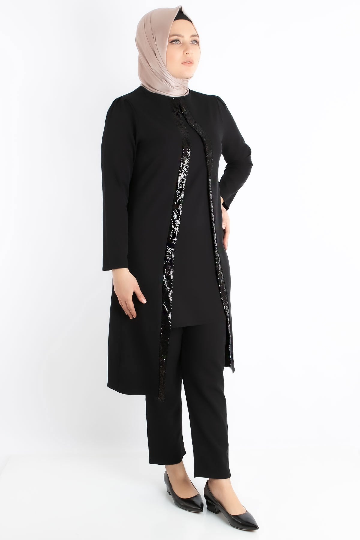 Tunic - Pants - Crepe - Sequin Striped - Unlined - Crew Neck - Black - FHM734FHM734-SİYAHFahima