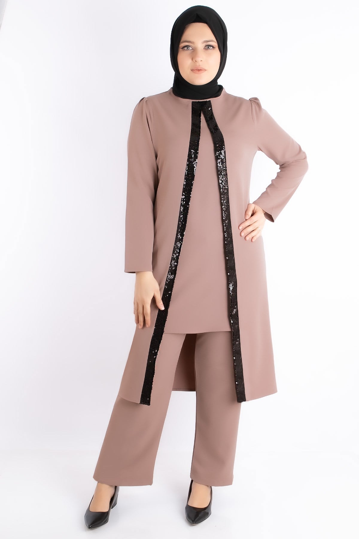 Tunic - Trousers - Crepe - Sequin Striped - Unlined - Crew Neck - Mink - FHM734FHM734-VİZONFahima