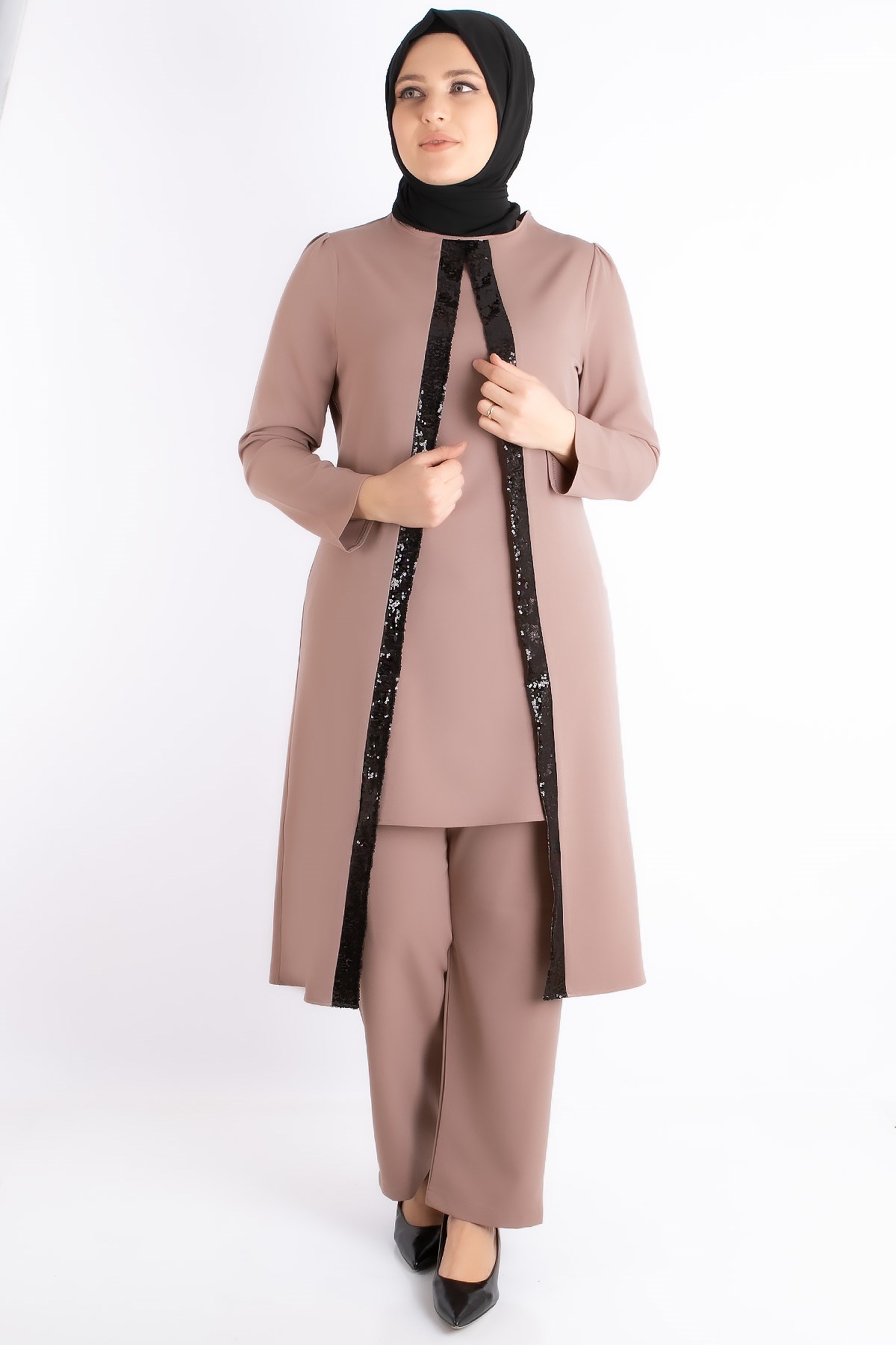 Tunic - Trousers - Crepe - Sequin Striped - Unlined - Crew Neck - Mink - FHM734FHM734-VİZONFahima