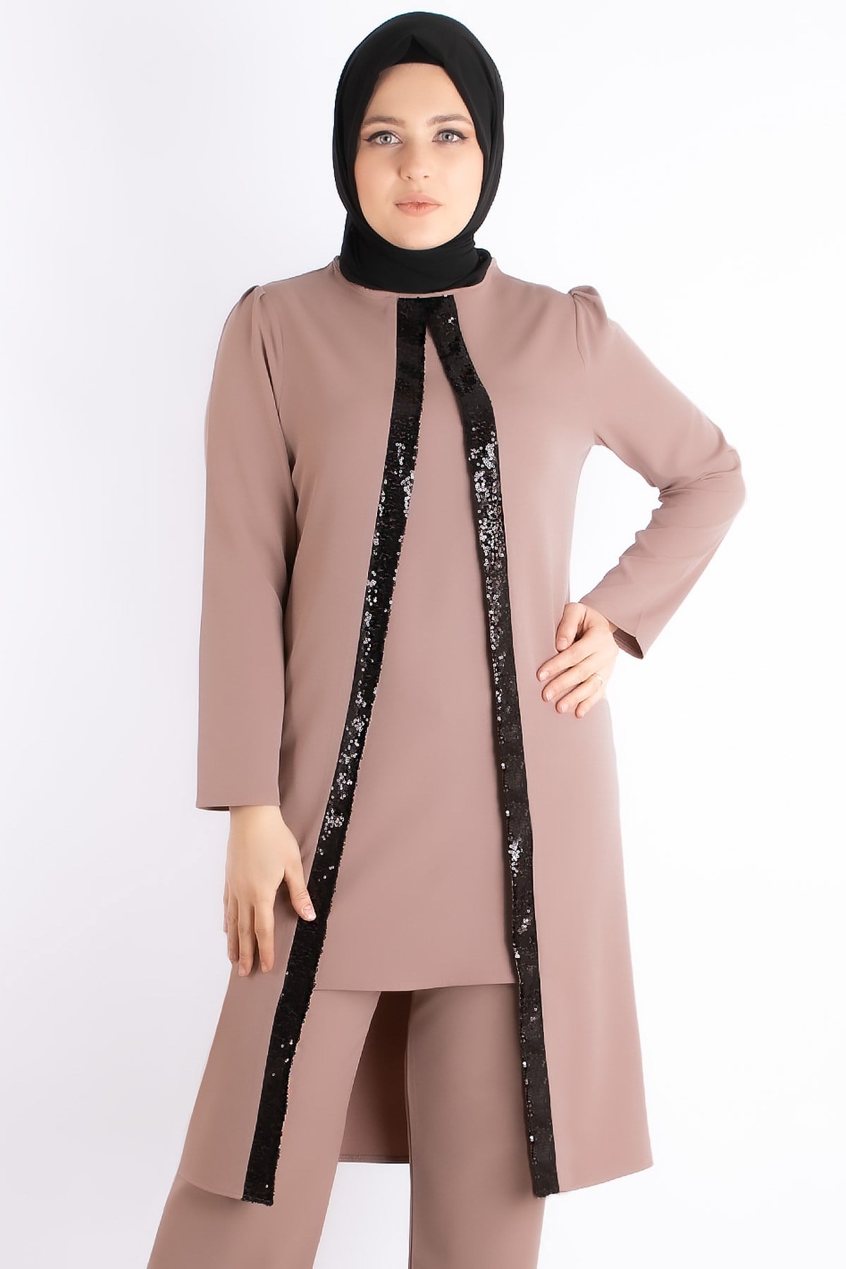 Tunic - Trousers - Crepe - Sequin Striped - Unlined - Crew Neck - Mink - FHM734FHM734-VİZONFahima