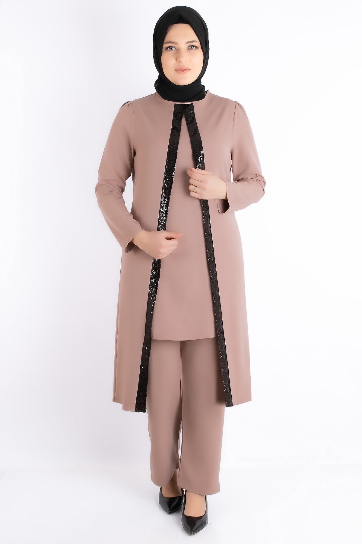 Tunic - Trousers - Crepe - Sequin Striped - Unlined - Crew Neck - Mink - FHM734FHM734-VİZONFahima