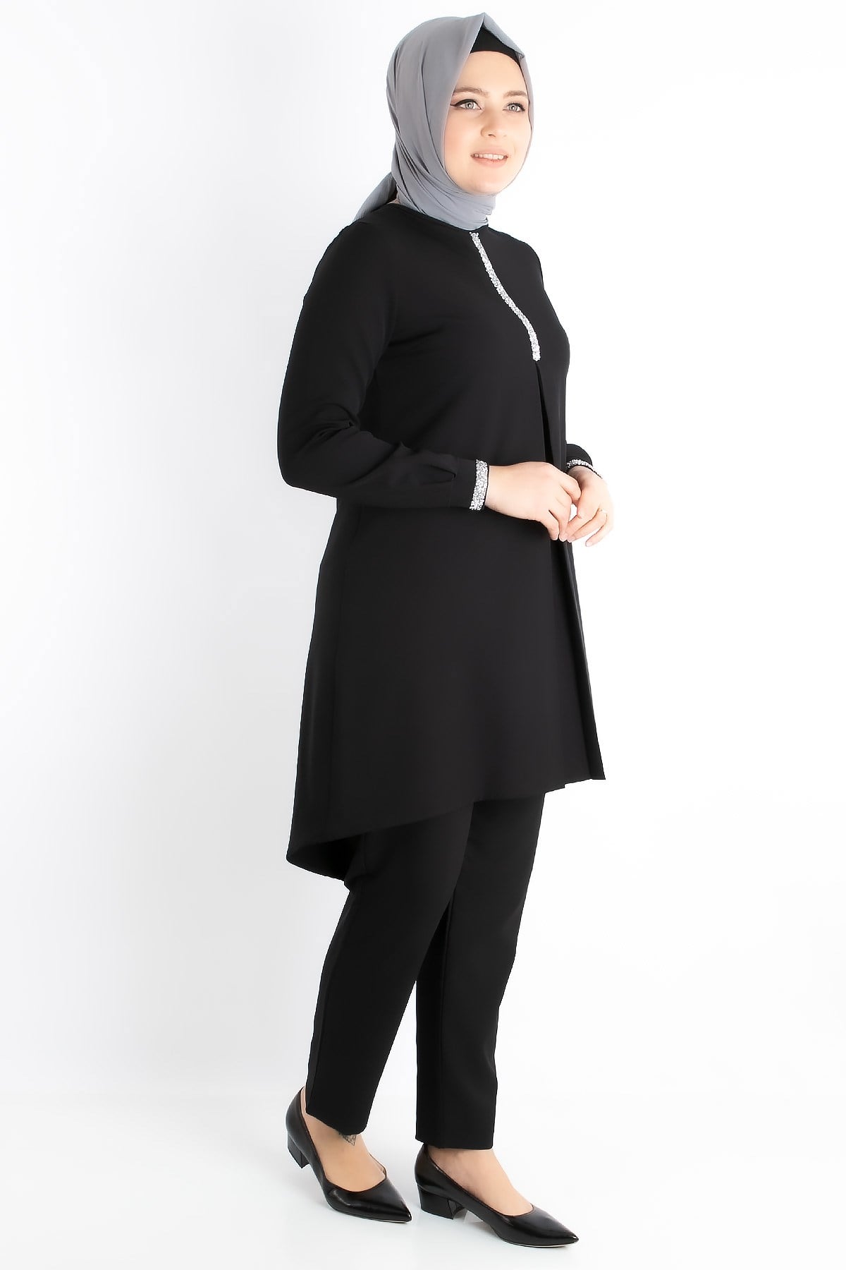 Tunic - Pants - Crepe - Unlined - Crew Neck - Black  - FHM735FHM735-SİYAHFahima
