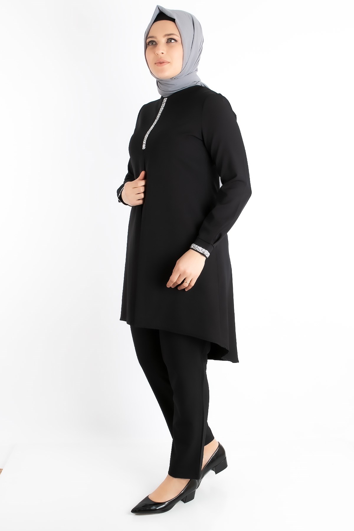 Tunic - Pants - Crepe - Unlined - Crew Neck - Black  - FHM735FHM735-SİYAHFahima