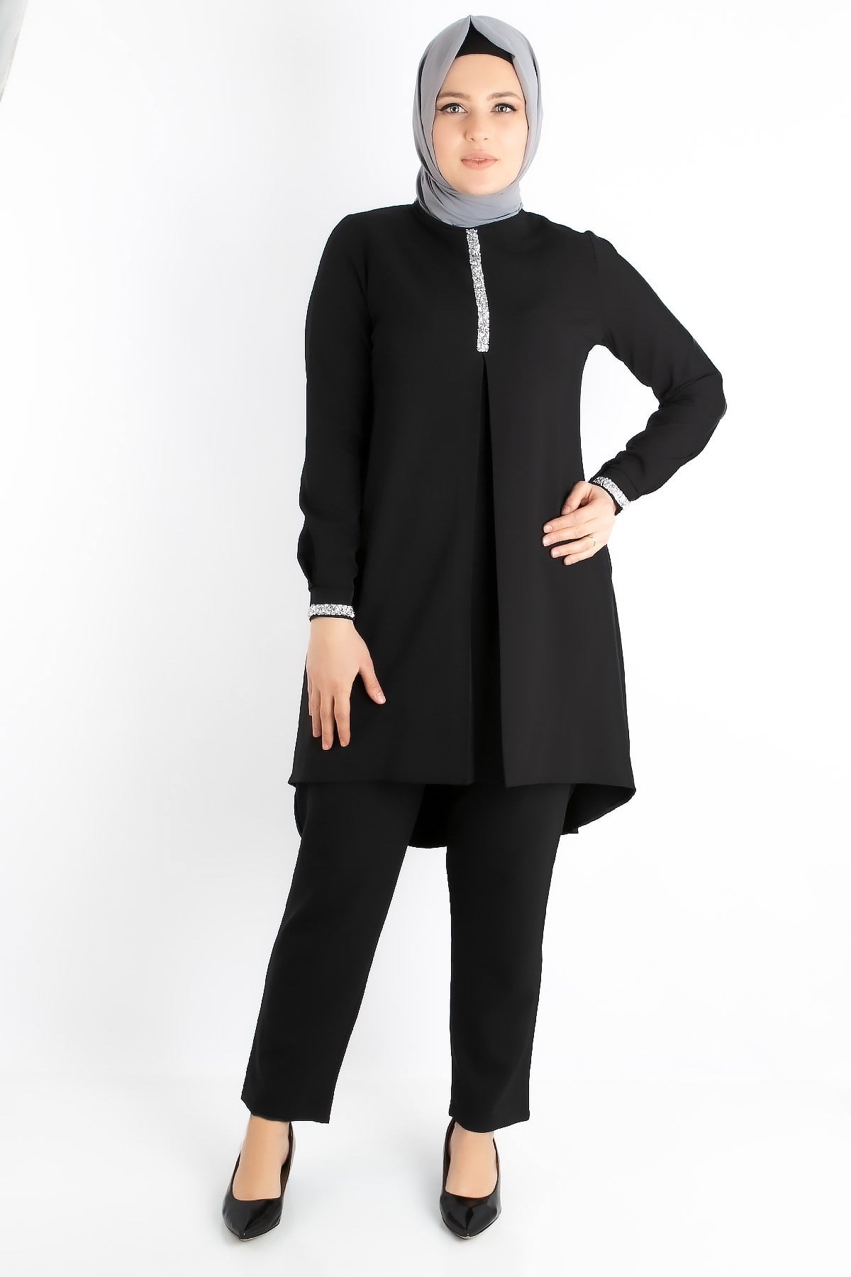 Tunic - Pants - Crepe - Unlined - Crew Neck - Black  - FHM735FHM735-SİYAHFahima