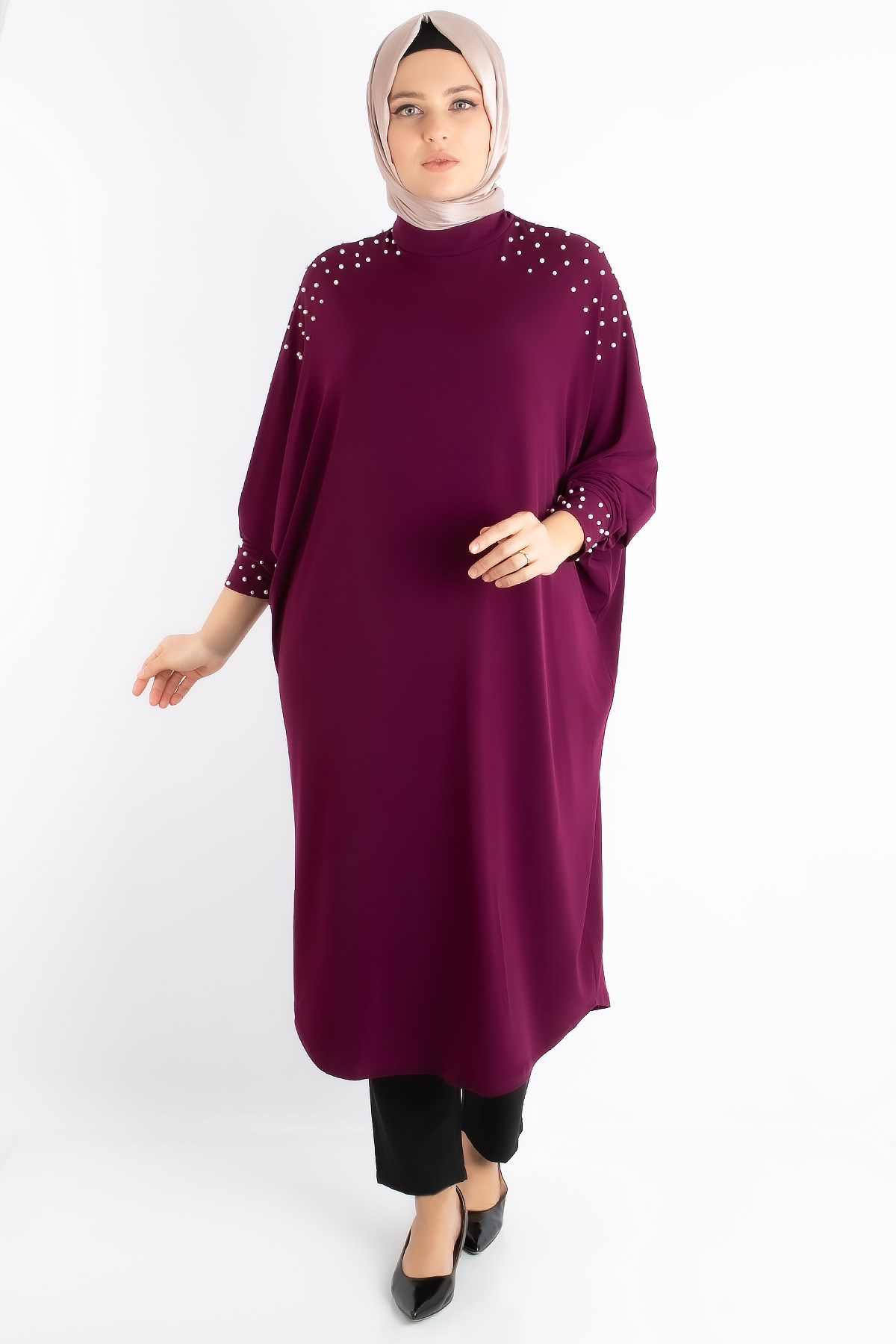 Tunic - Crepe - Unlined - Crew Neck - Plum - FHM742FHM742-MÜRDÜMFahima