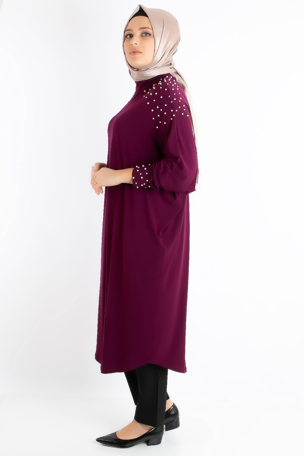 Tunic - Crepe - Unlined - Crew Neck - Plum - FHM742FHM742-MÜRDÜMFahima
