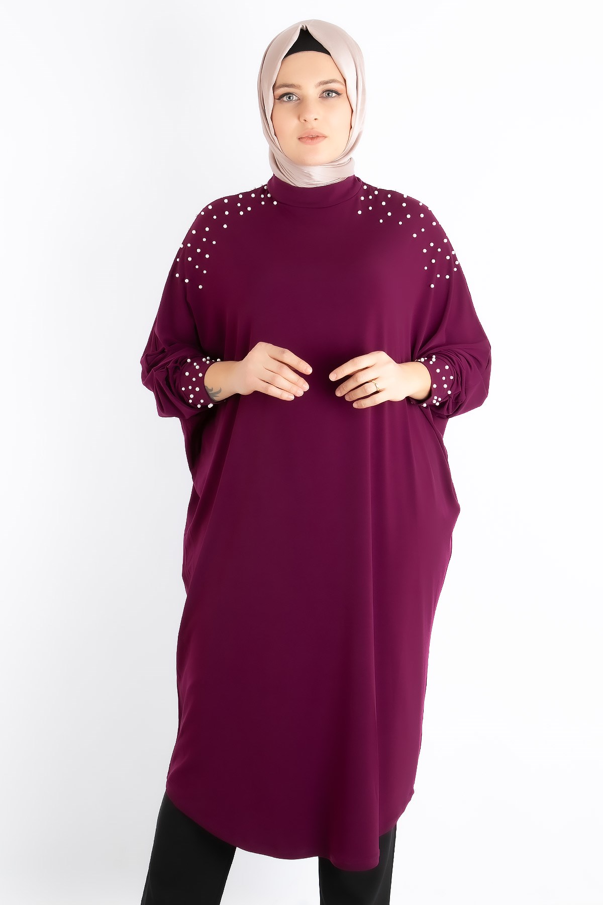 Tunic - Crepe - Unlined - Crew Neck - Plum - FHM742FHM742-MÜRDÜMFahima