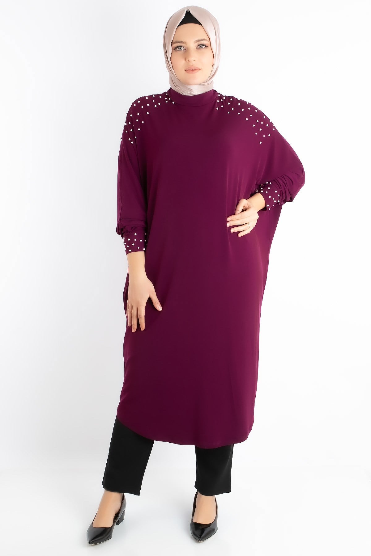 Tunic - Crepe - Unlined - Crew Neck - Plum - FHM742FHM742-MÜRDÜMFahima