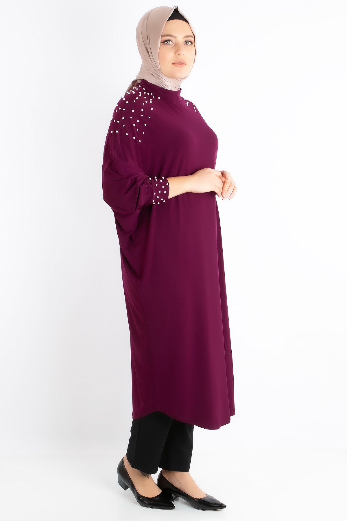 Tunic - Crepe - Unlined - Crew Neck - Plum - FHM742FHM742-MÜRDÜMFahima