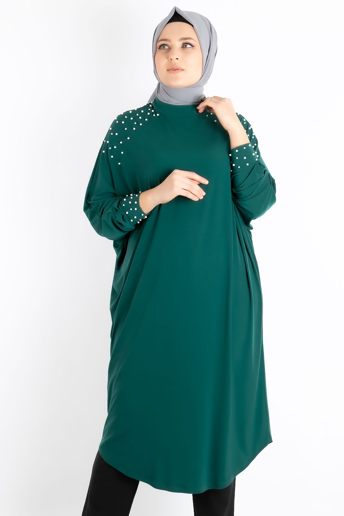 Tunic - Crepe - Unlined - Crew Neck - Emerald Green - FHM742FHM742-ZÜMRÜTFahima