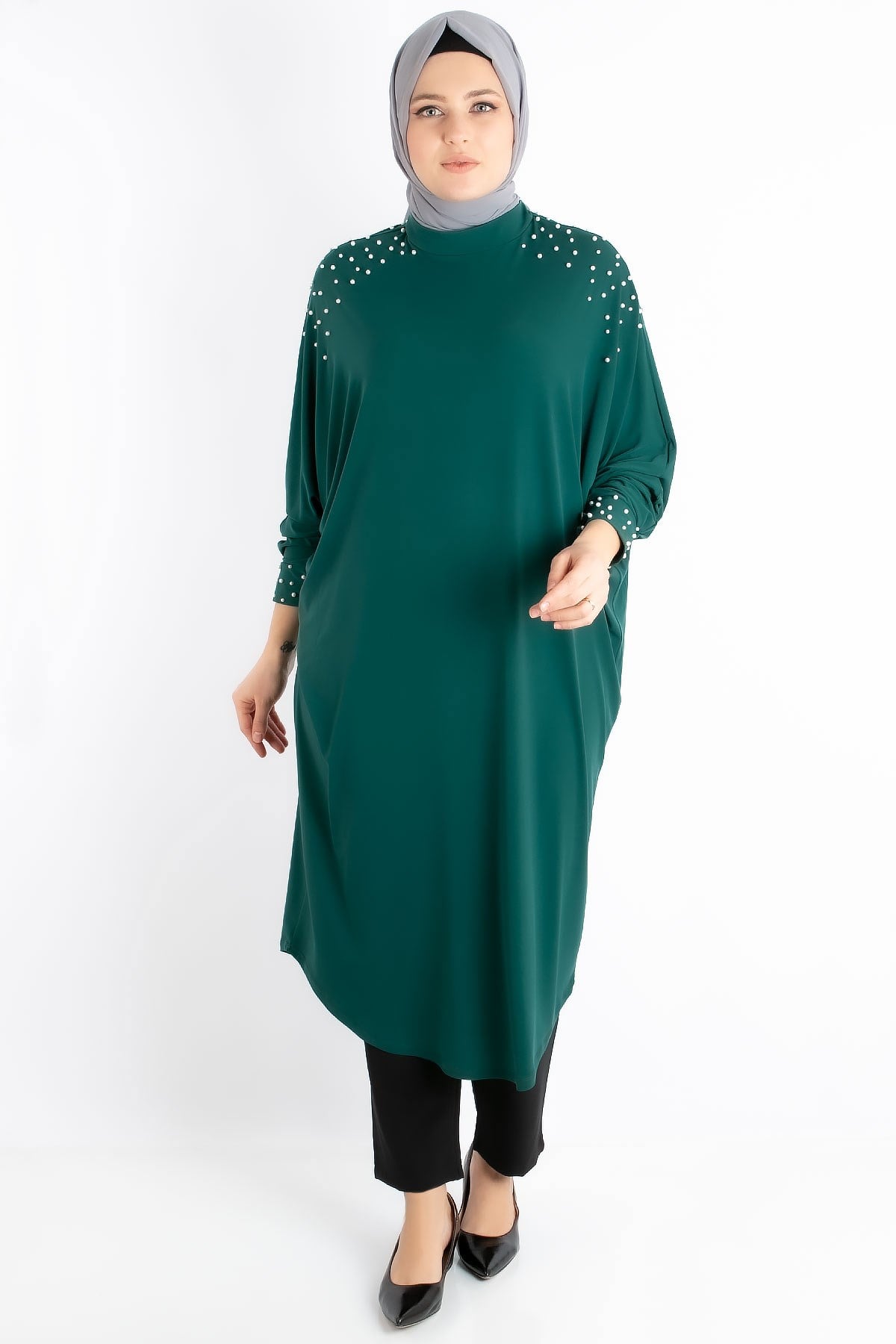 Tunic - Crepe - Unlined - Crew Neck - Emerald Green - FHM742FHM742-ZÜMRÜTFahima