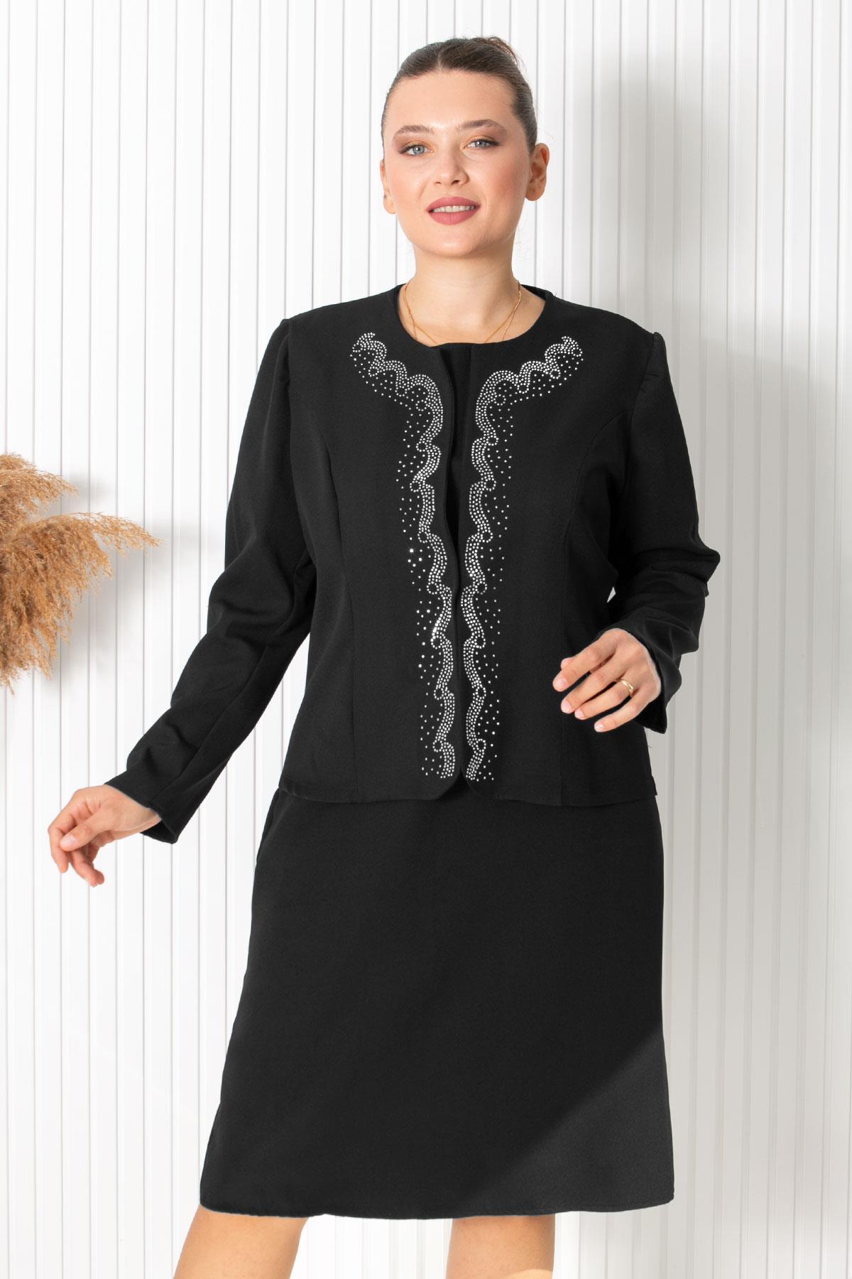 Plus Size - Steinjacke - Anzug - Schwarz - FHM760FHM760-SİYAHModaviki