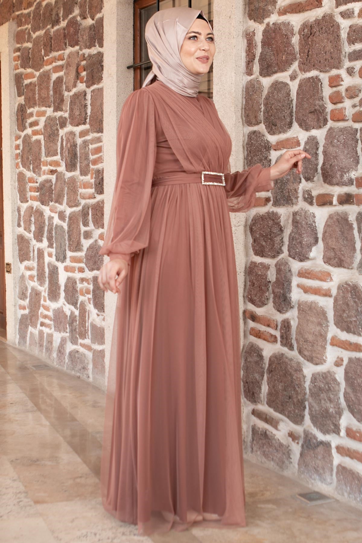Tüll Detail Abendkleid Blassrosa FHM777FHM777-GÜL KURUSUFahima