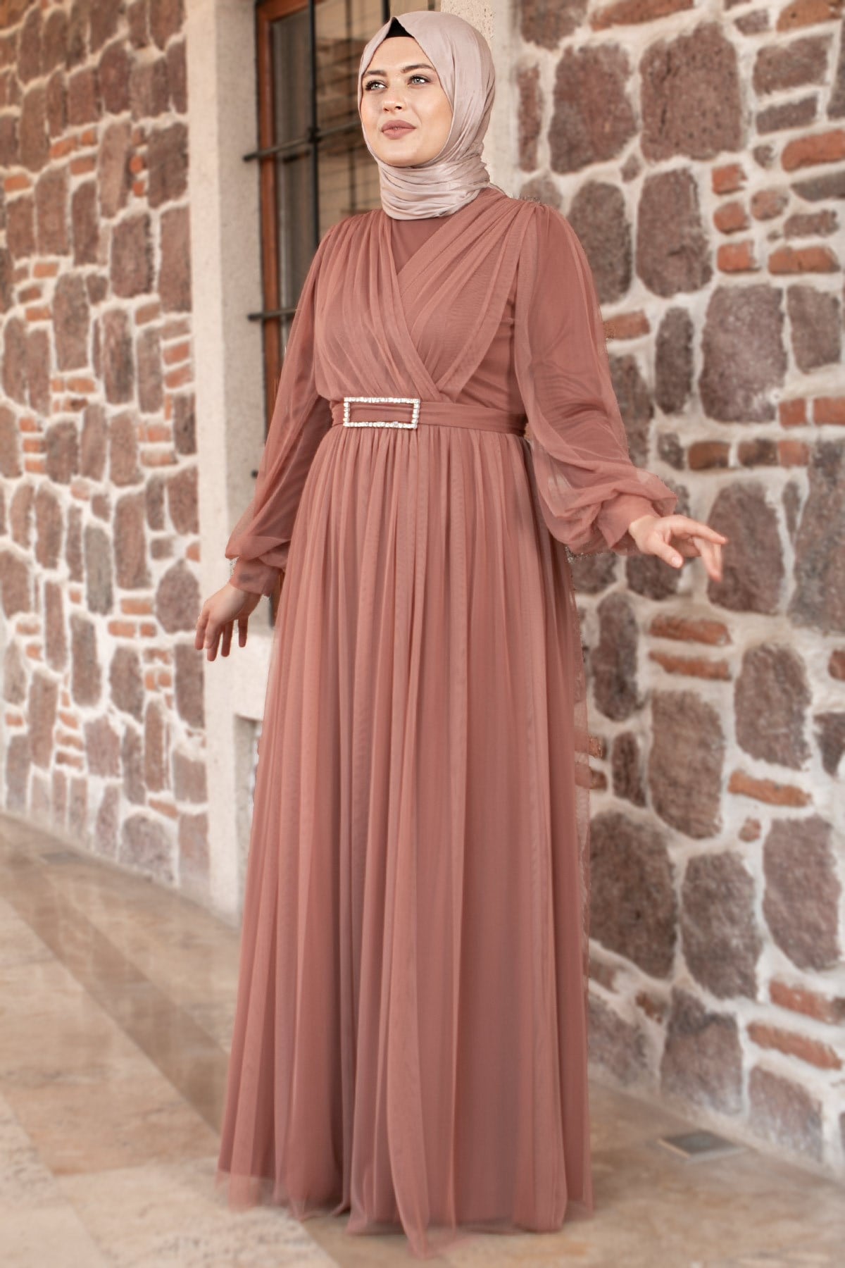 Tüll Detail Abendkleid Blassrosa FHM777FHM777-GÜL KURUSUFahima