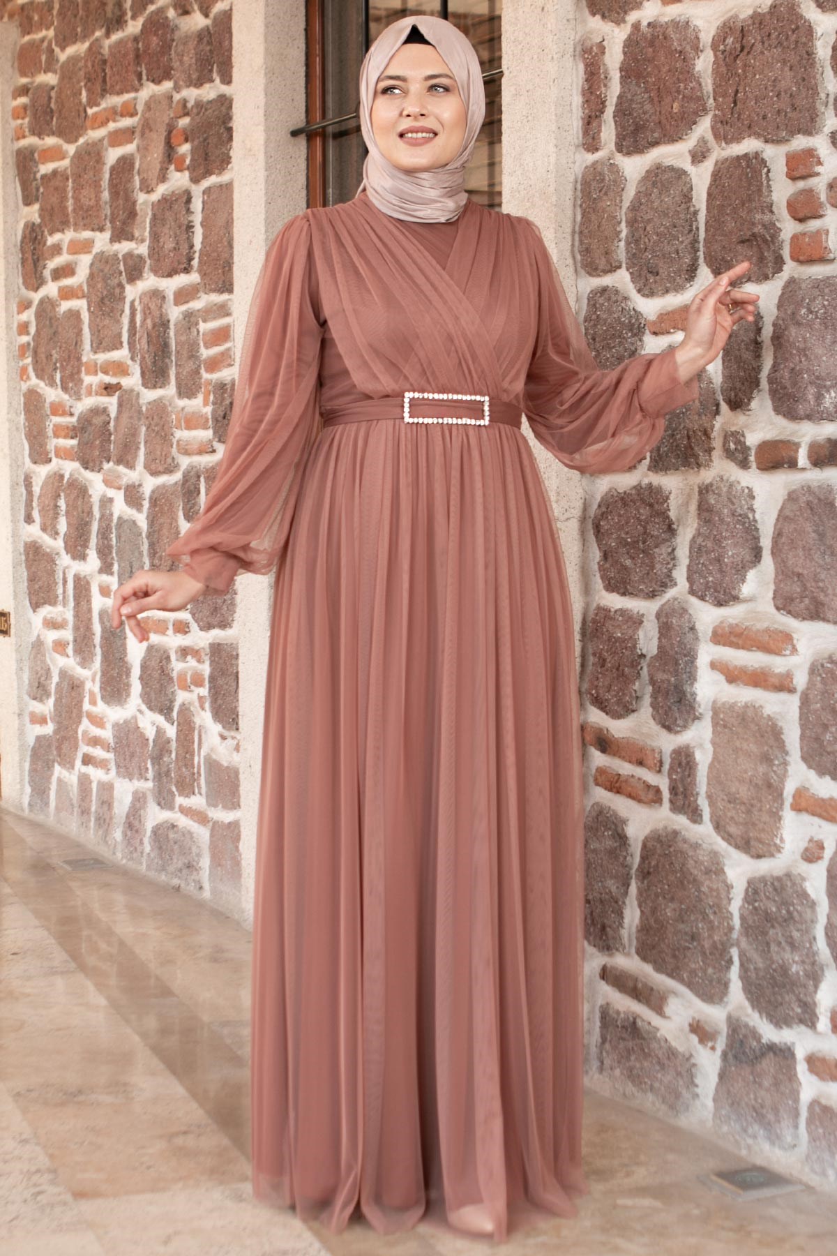 Tüll Detail Abendkleid Blassrosa FHM777FHM777-GÜL KURUSUFahima