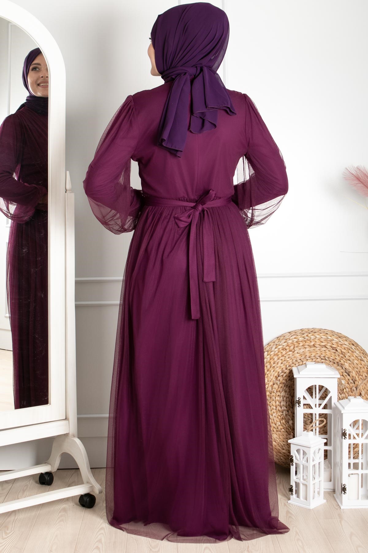 Tulle Detailed Evening Dress Claret Red FHM777FHM777-MÜRDÜMFahima