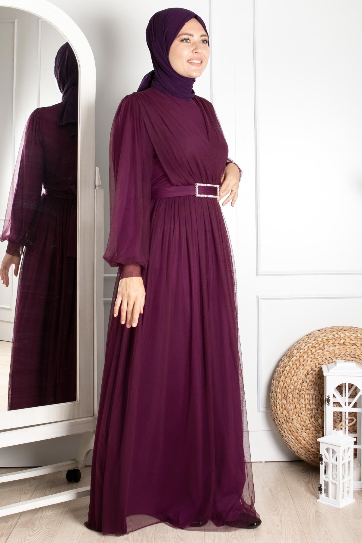 Tulle Detailed Evening Dress Claret Red FHM777FHM777-MÜRDÜMFahima