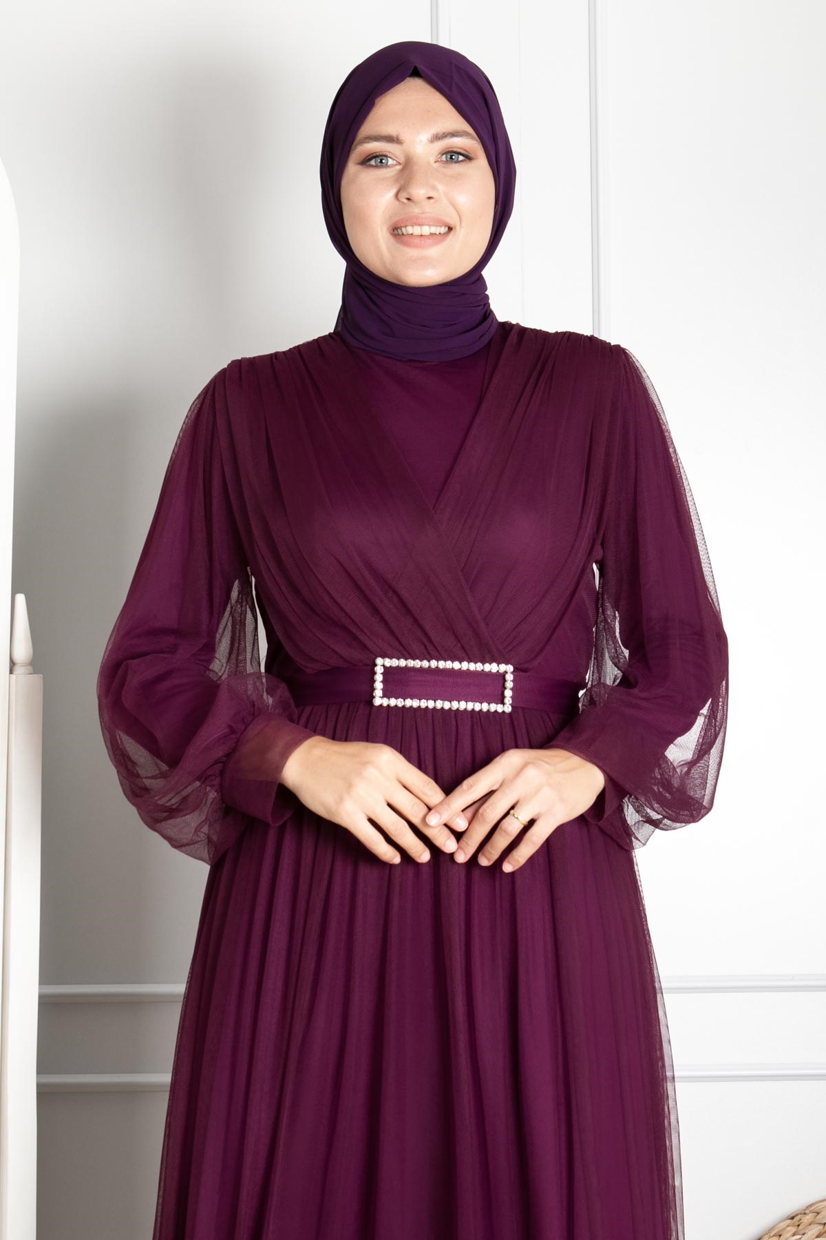 Tulle Detailed Evening Dress Claret Red FHM777FHM777-MÜRDÜMFahima