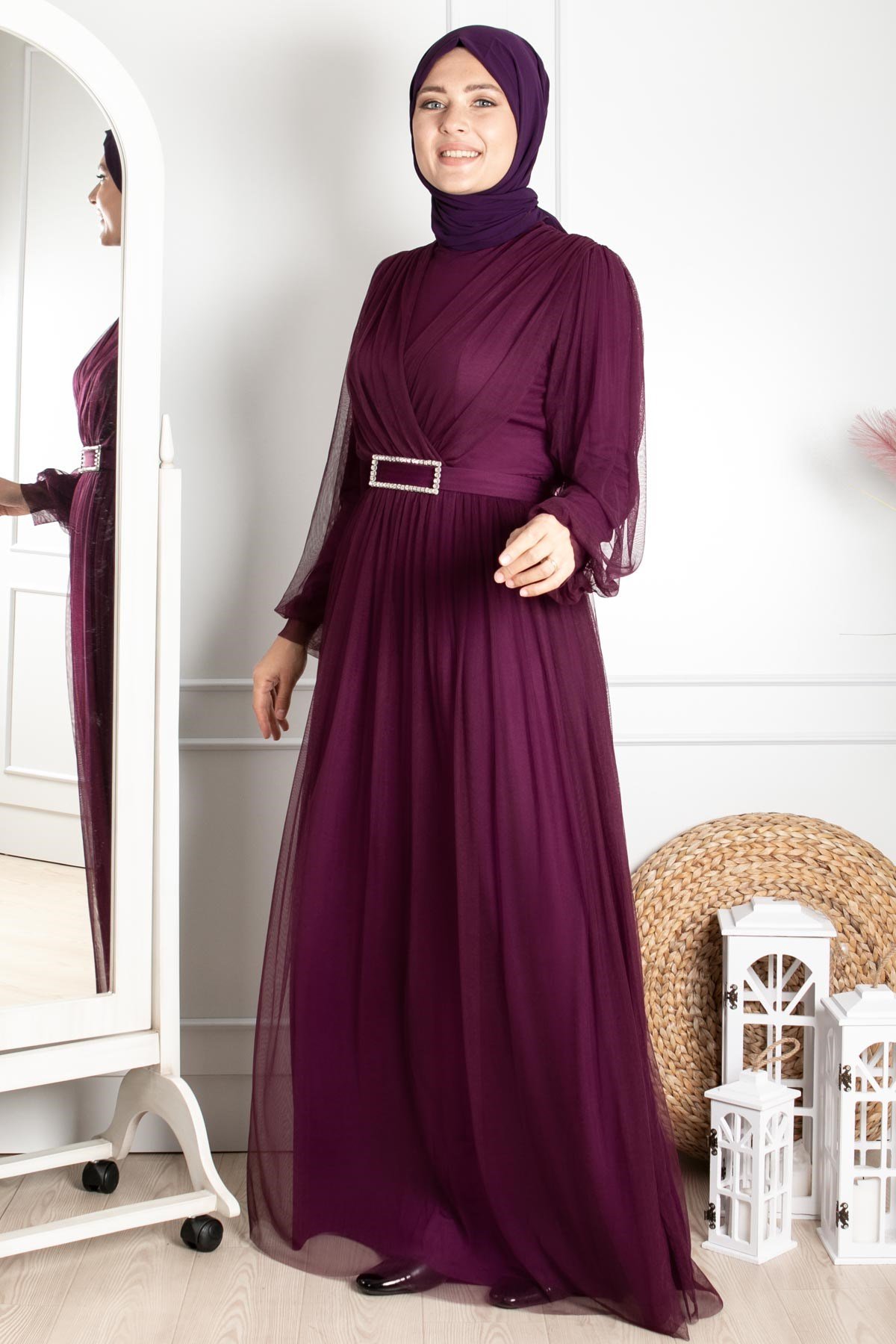 Tulle Detailed Evening Dress Claret Red FHM777FHM777-MÜRDÜMFahima