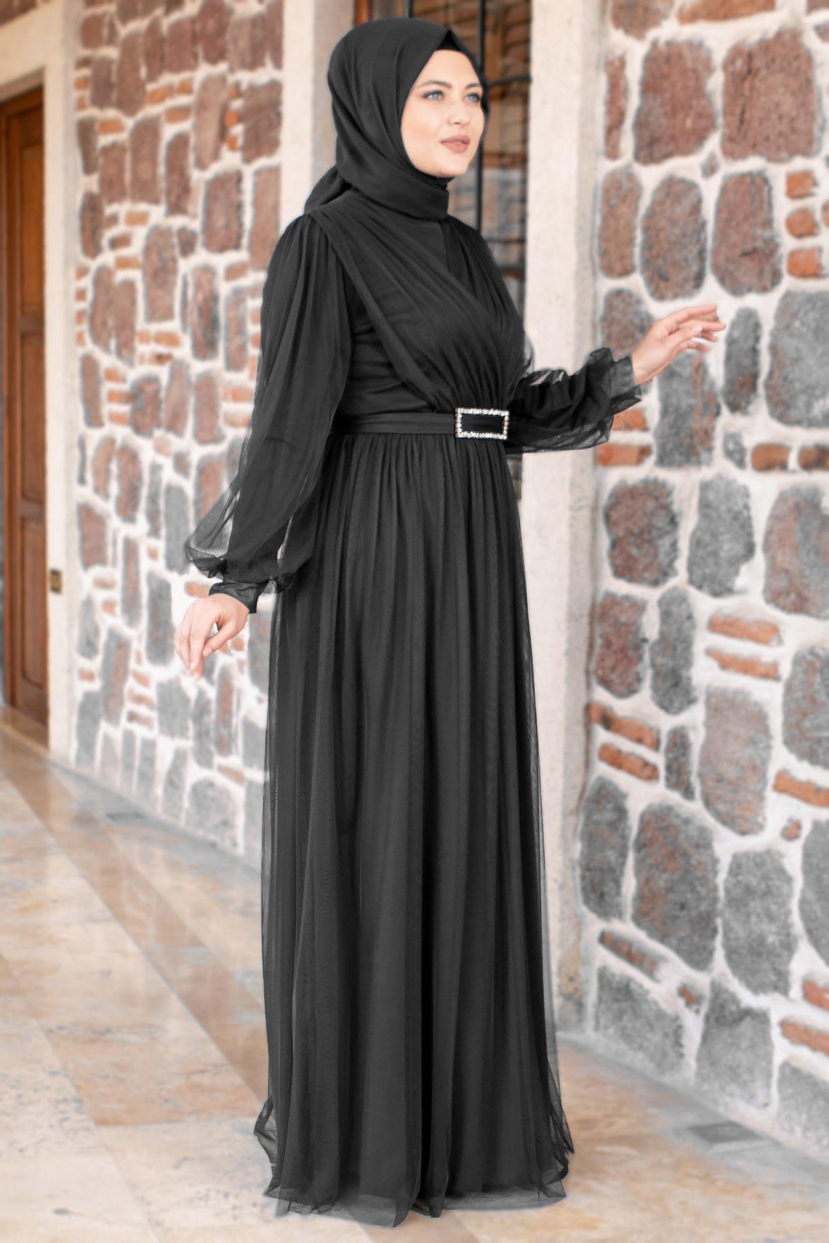 KEMER DETAYLI TÜL ABİYE ELBİSEFHM777-SİYAHFahima