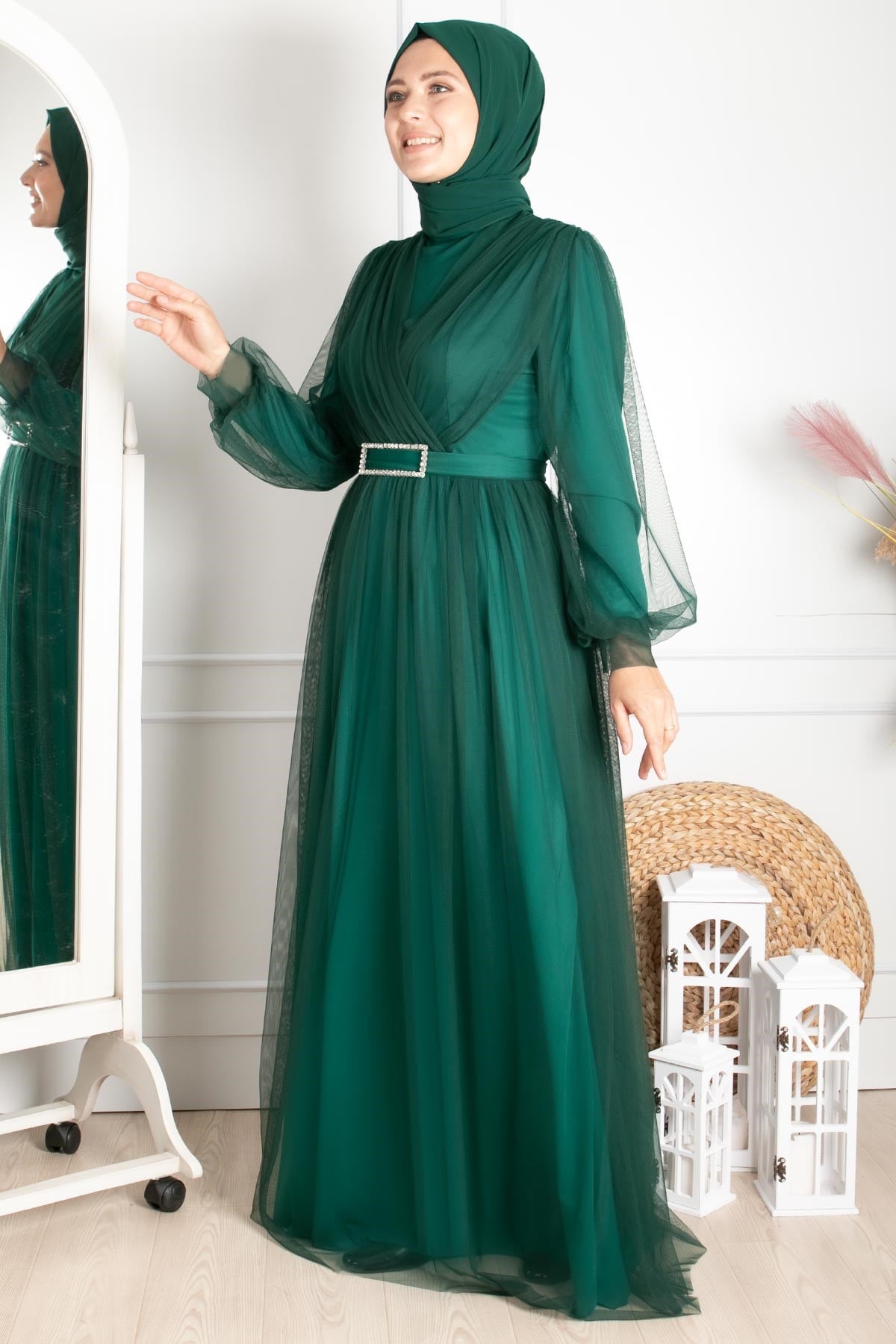 Abendkleid aus Tüll mit Gürteldetails Smaragdgrün FHM777FHM777-ZÜMRÜTFahima