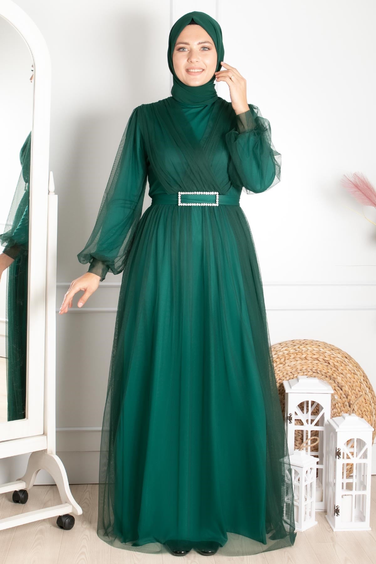 Abendkleid aus Tüll mit Gürteldetails Smaragdgrün FHM777FHM777-ZÜMRÜTFahima