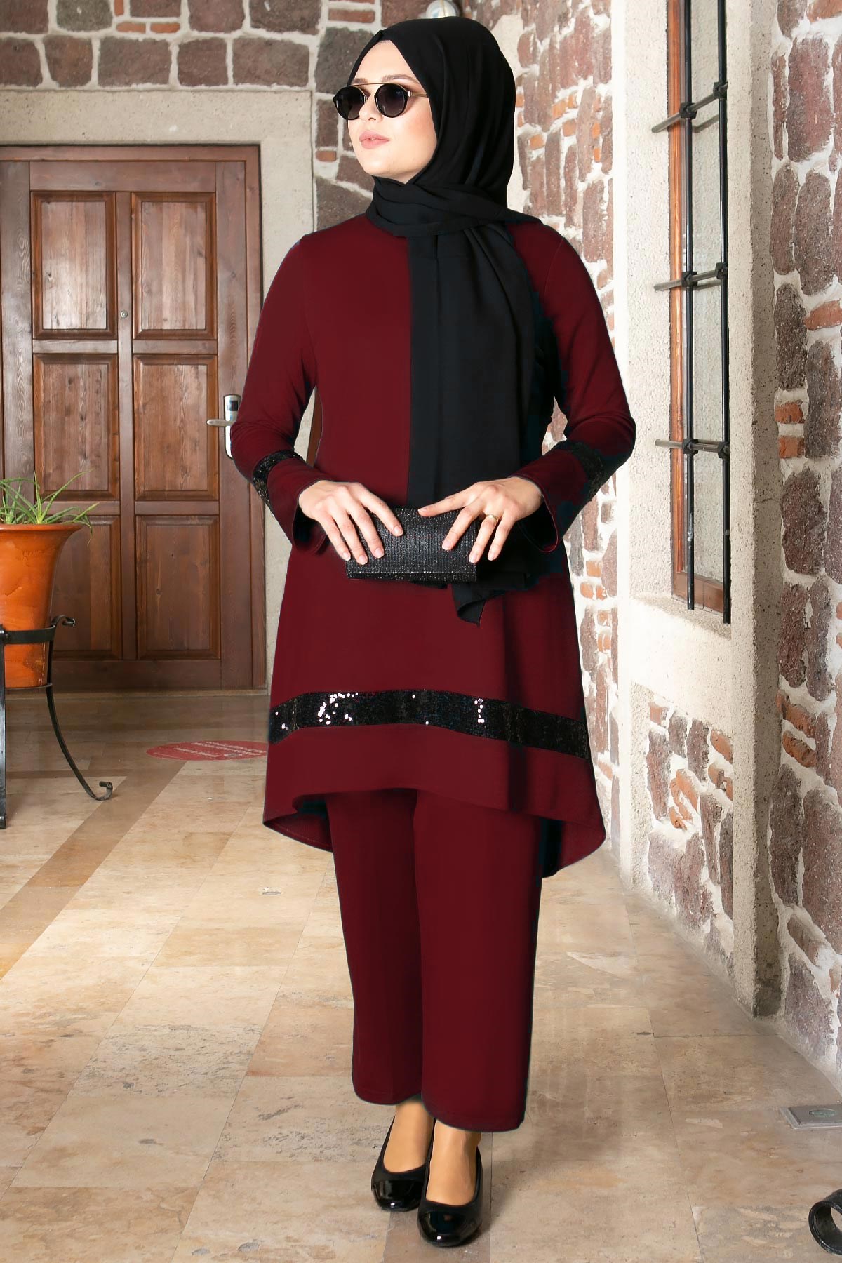 Sequin Detailed Tunic Trouser Suit Prune FHM806FHM806-MÜRDÜMFahima