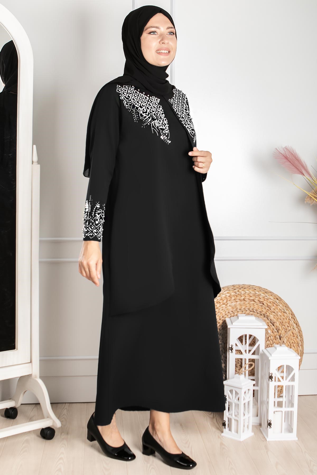 Stone Embroidered Detailed Evening Dress Black FHM818FHM818-SİYAHFahima