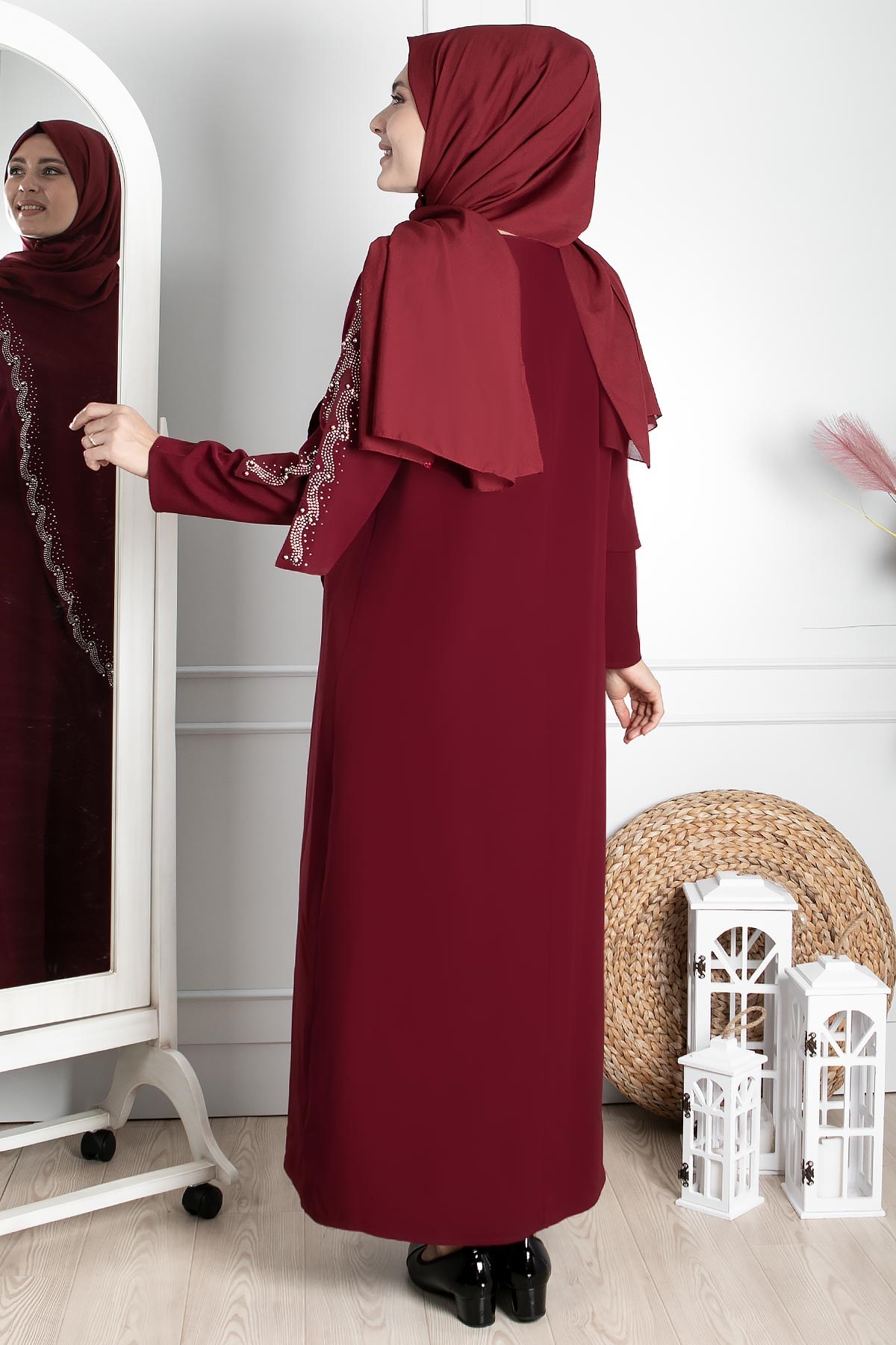 Stone Print Detailed Evening Dress Plum FHM824FHM824-MÜRDÜMFahima