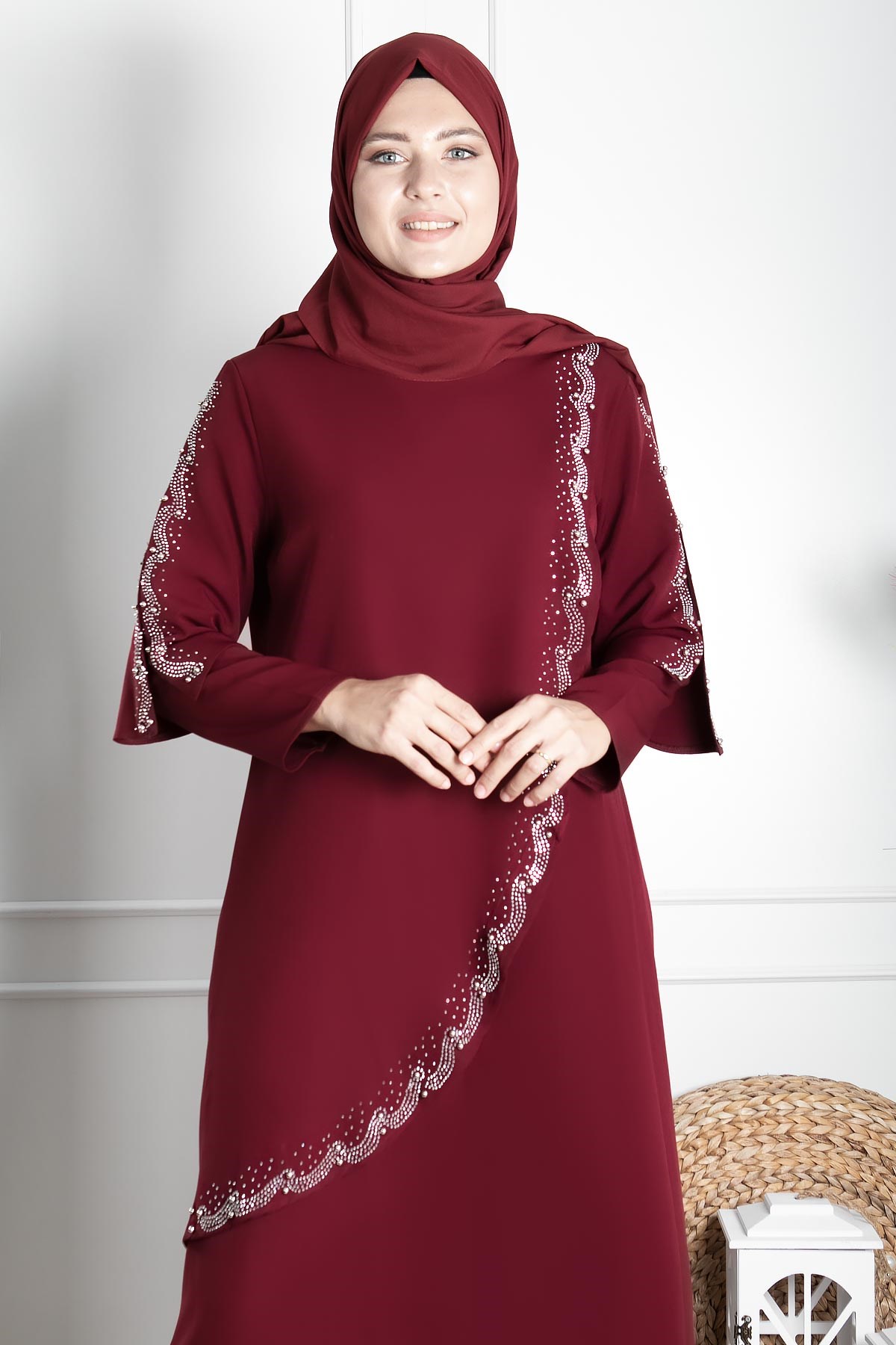 Stone Print Detailed Evening Dress Plum FHM824FHM824-MÜRDÜMFahima