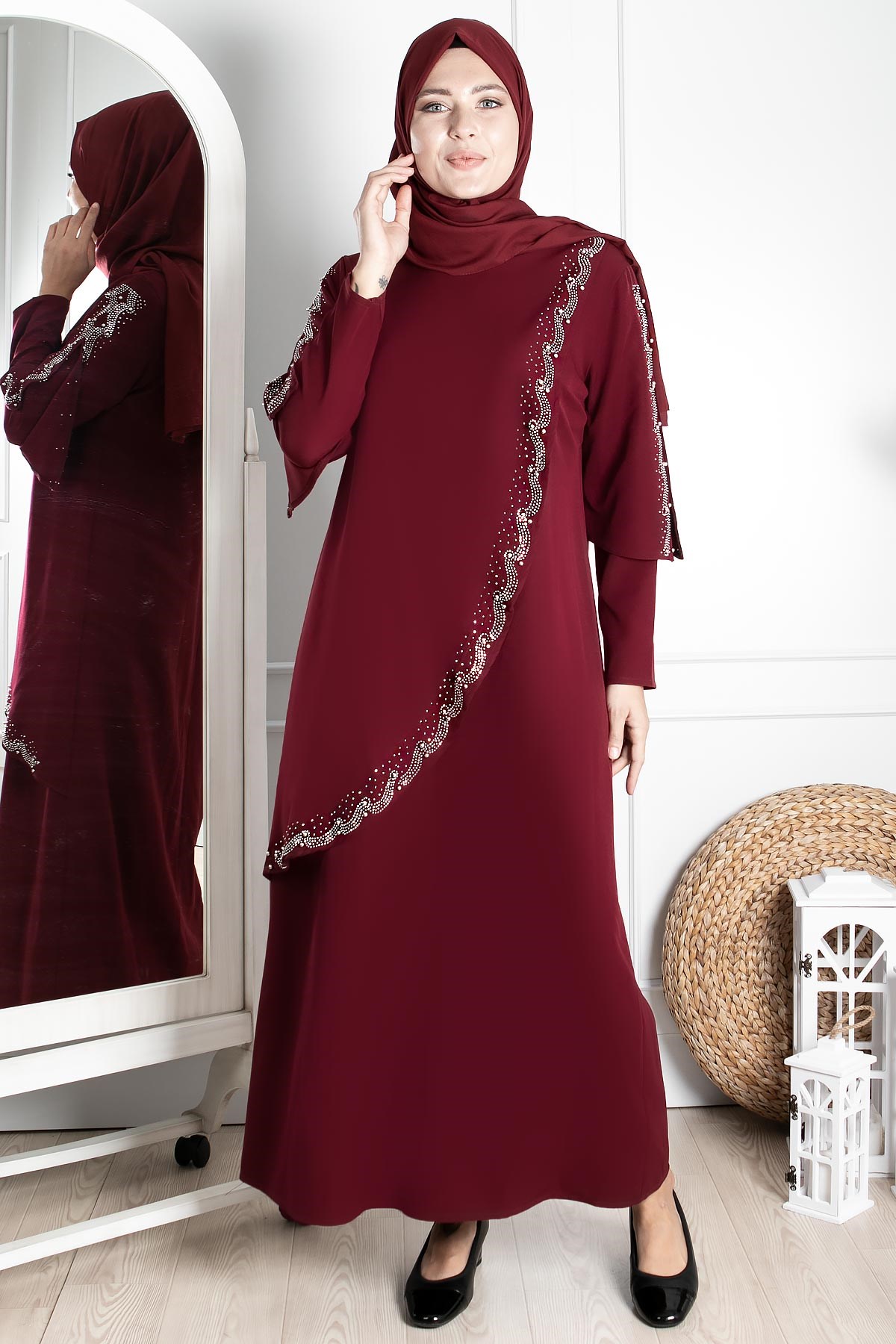 Stone Print Detailed Evening Dress Plum FHM824FHM824-MÜRDÜMFahima
