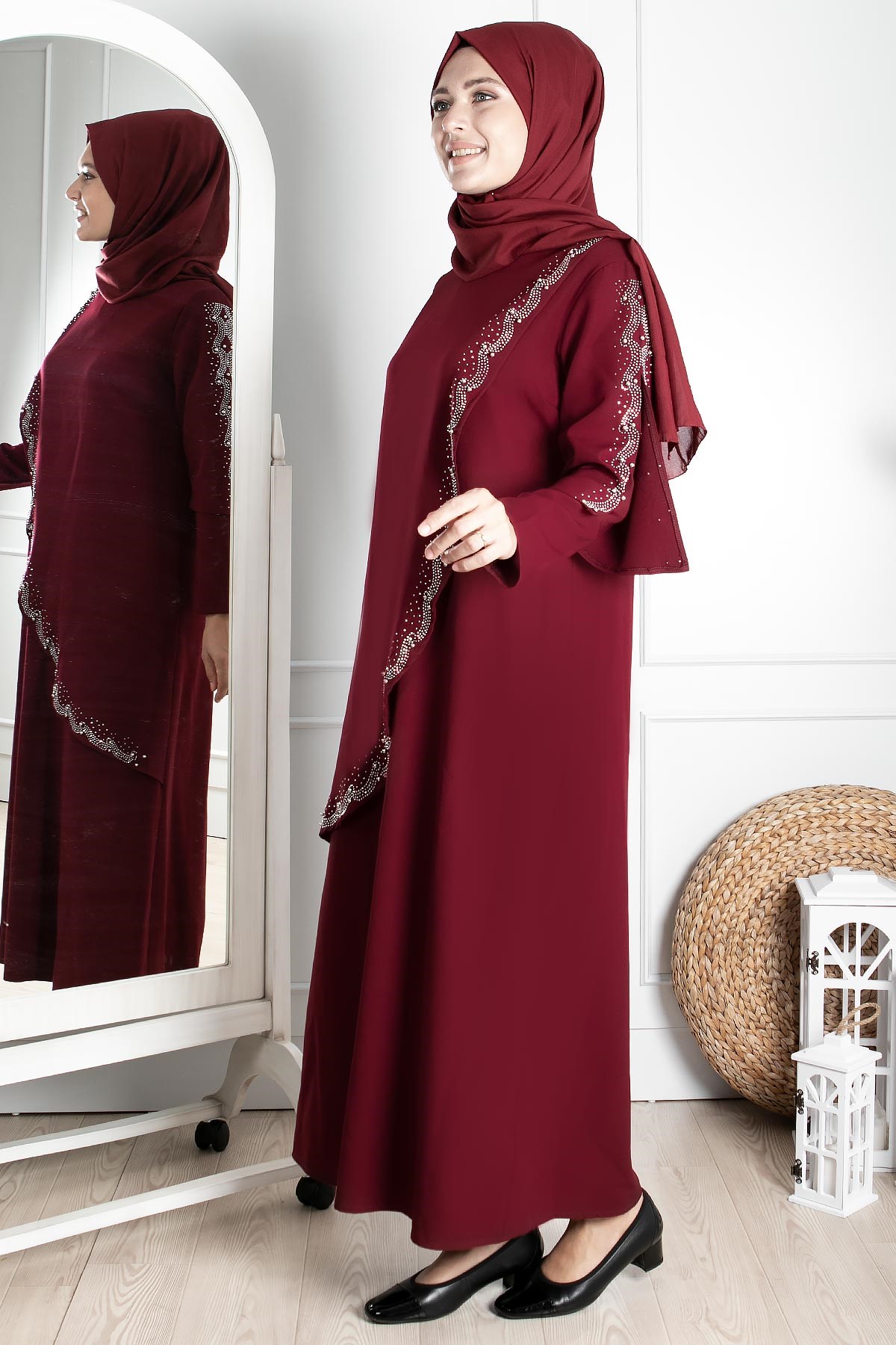 Stone Print Detailed Evening Dress Plum FHM824FHM824-MÜRDÜMFahima