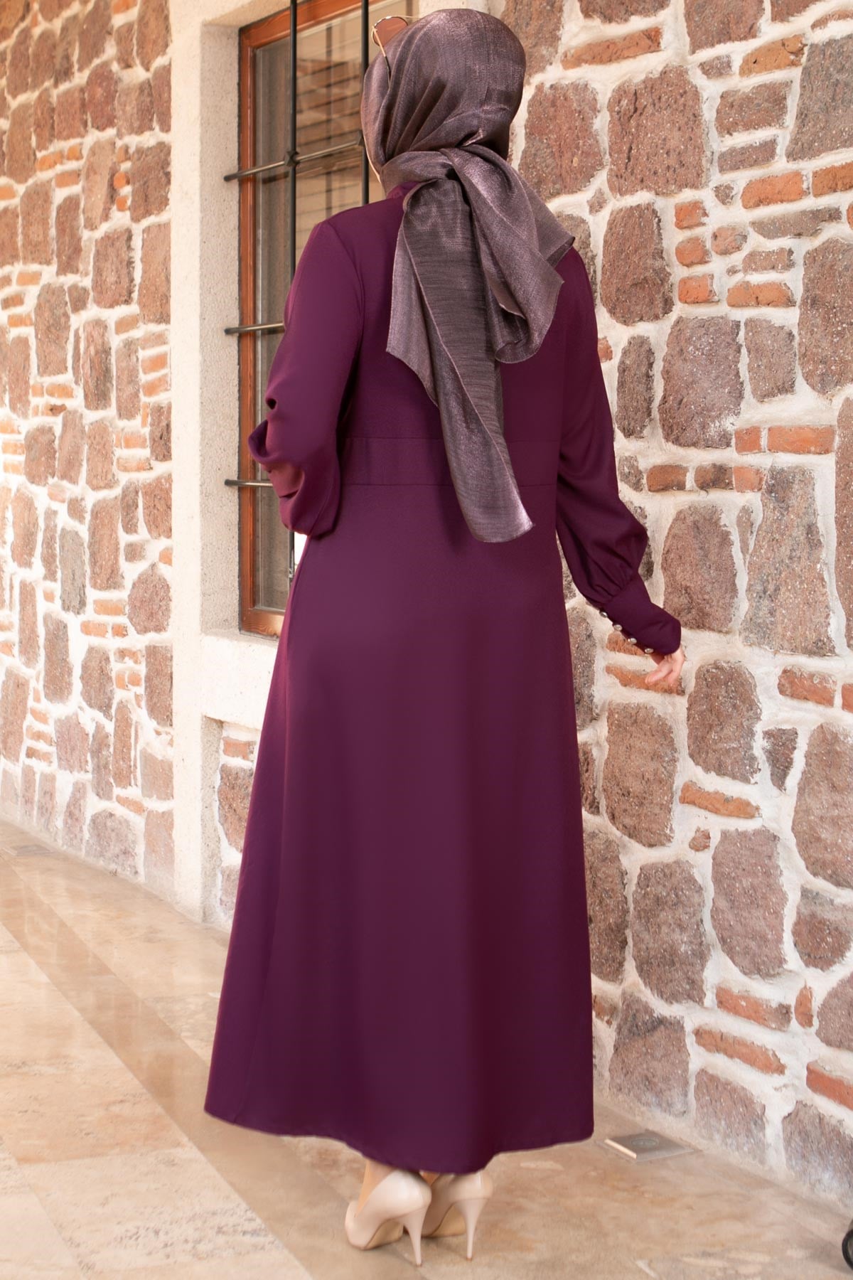 DÜĞME DETAYLI FERMUARLI FERACEFHM828-MÜRDÜMFahima